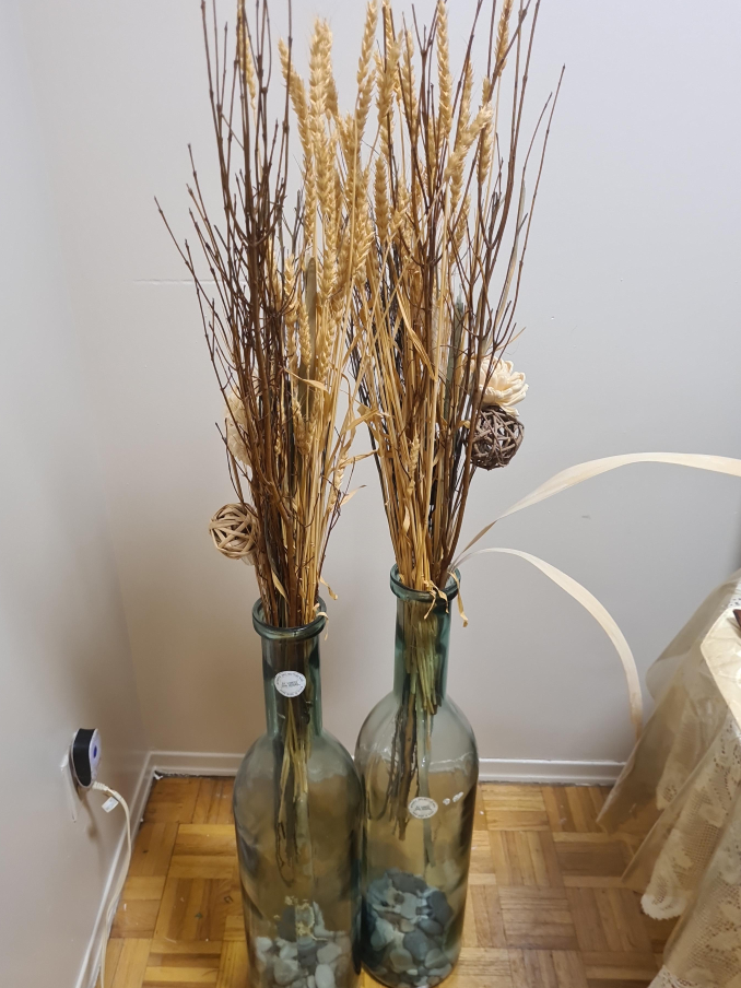 Set of 2 Large Glass Bottle Vases with Dried Botanicals