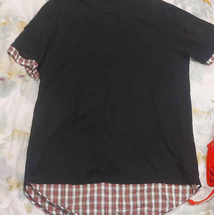 Black T-Shirt with Plaid Trim thumbnail