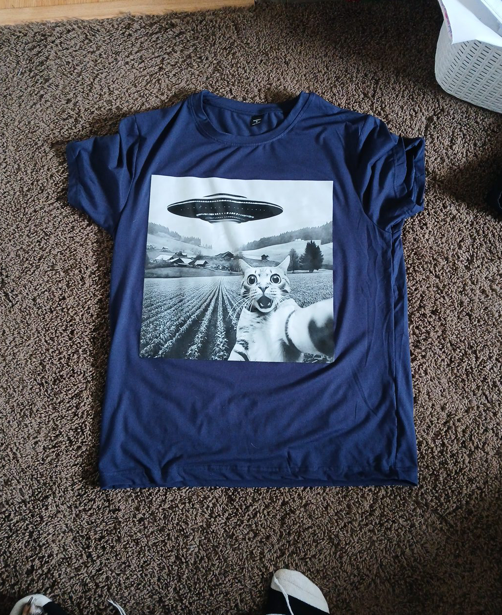 Blue T-Shirt with Cat & UFO Graphic thumbnail