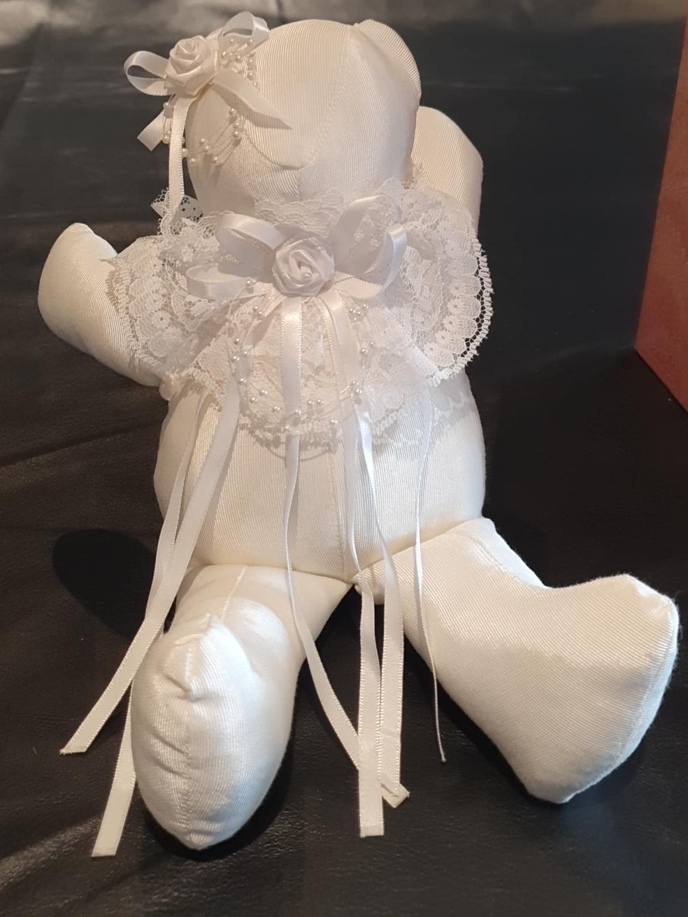 White Teddy Bear with Lace Details - used at a wedding thumbnail
