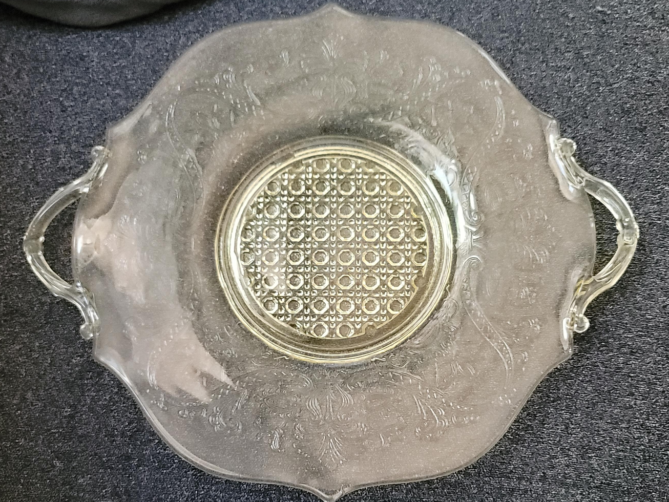 Vintage yellow Etched Glass Plate with Handles thumbnail