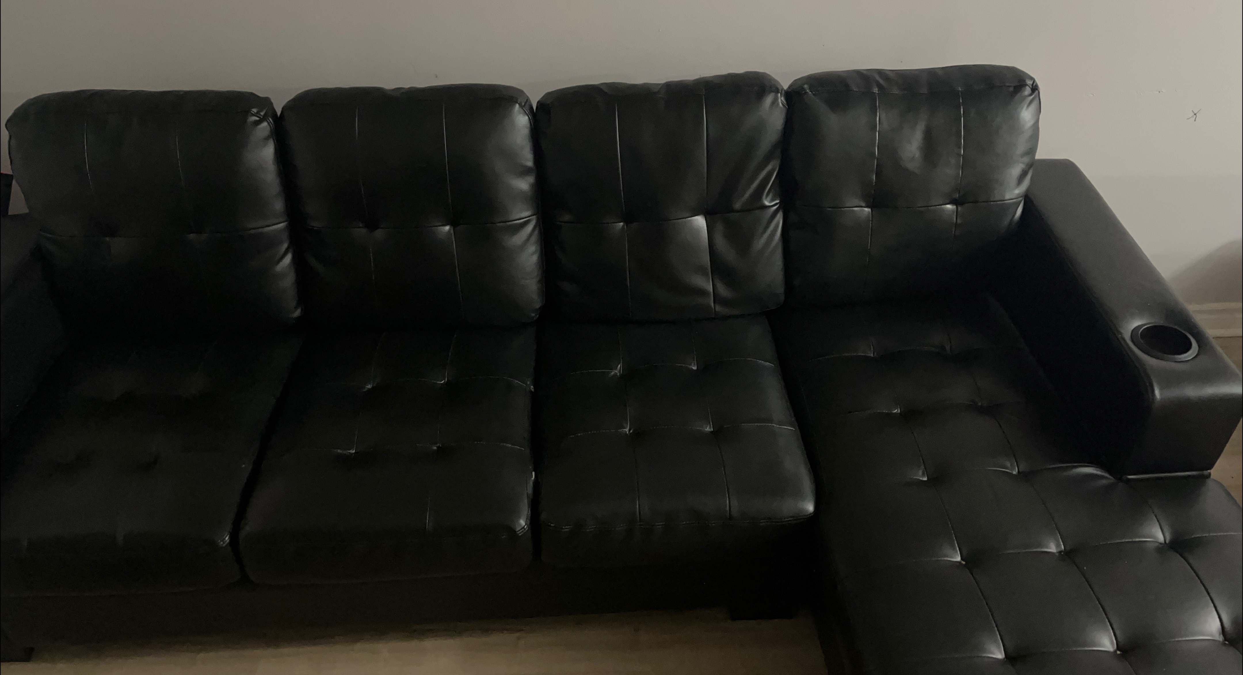 L-Shaped Black Faux Leather Sofa with Storage