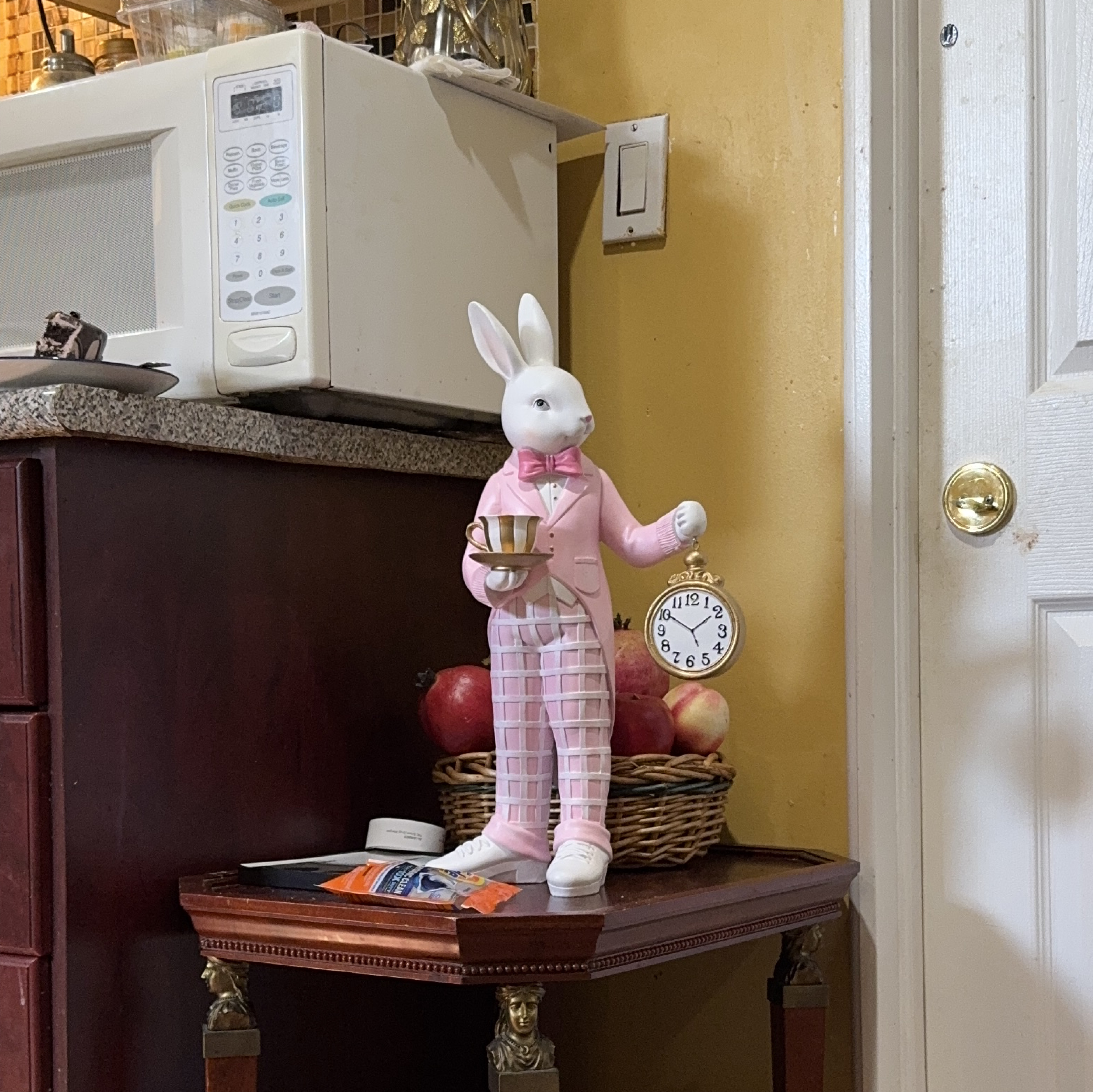 Pink Bunny Figurine with Clock and Teacup