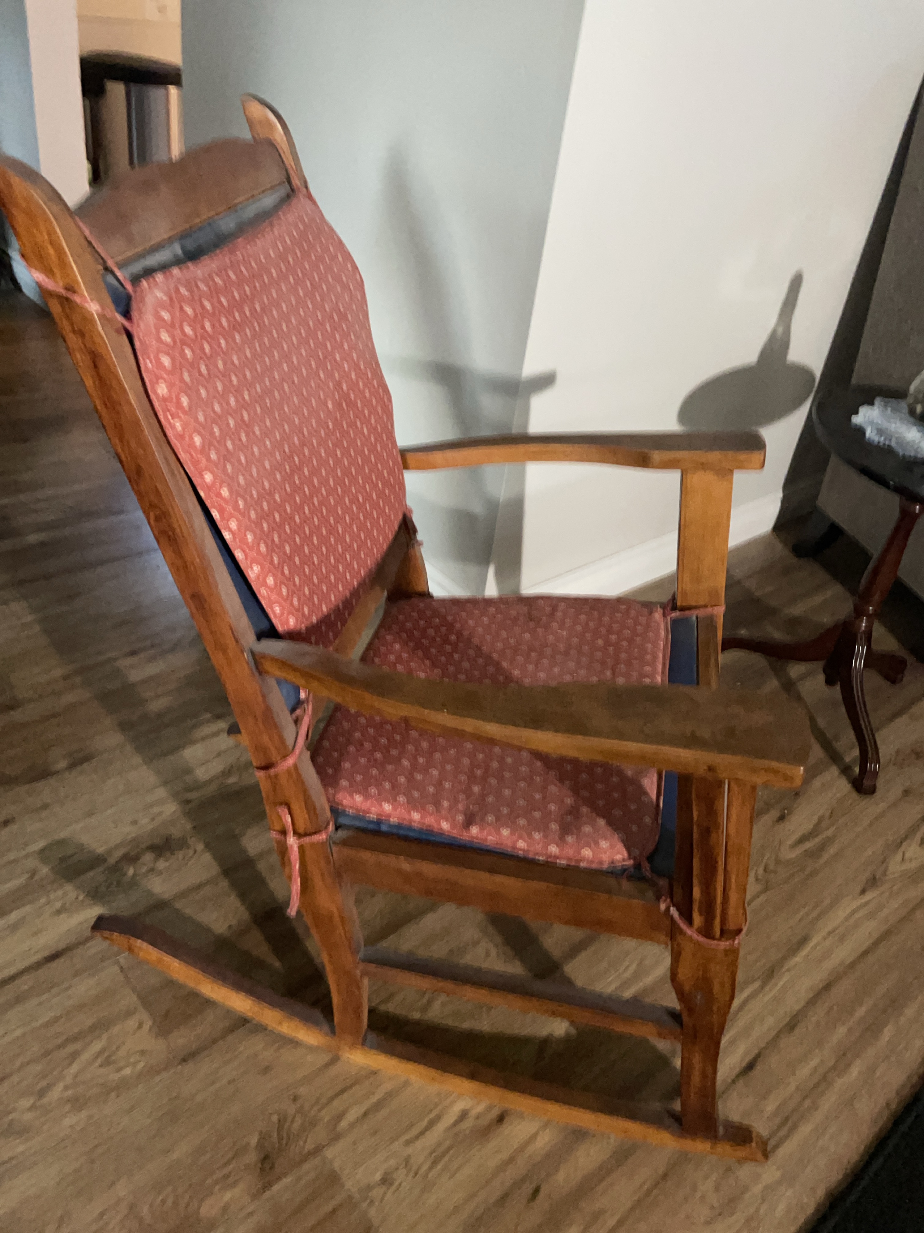 Wooden Rocking Chair with Red Cushions thumbnail