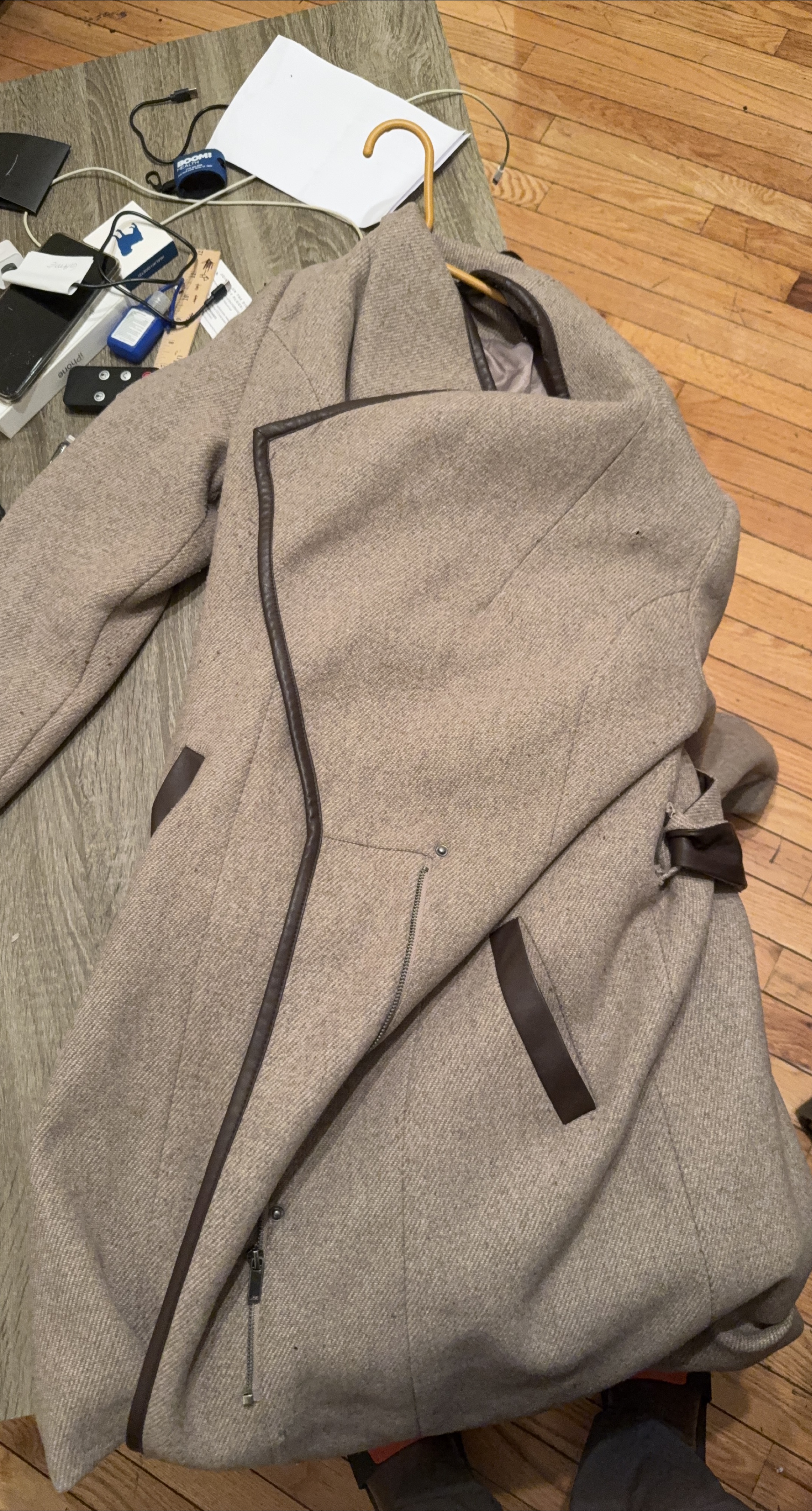 Tan Wool Blend Coat with Leather Trim thumbnail