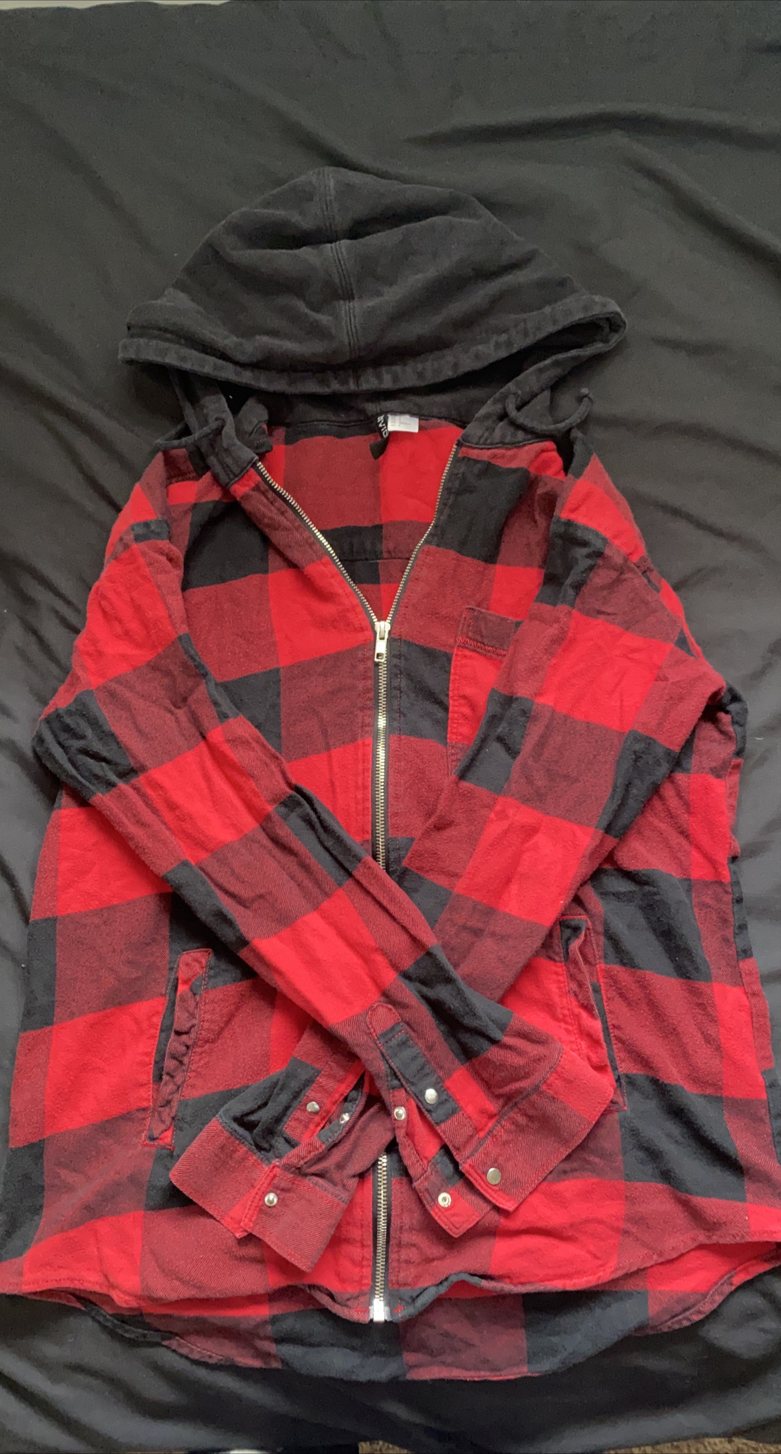 H&M Red & Black Plaid Hooded Flannel - Size M thumbnail