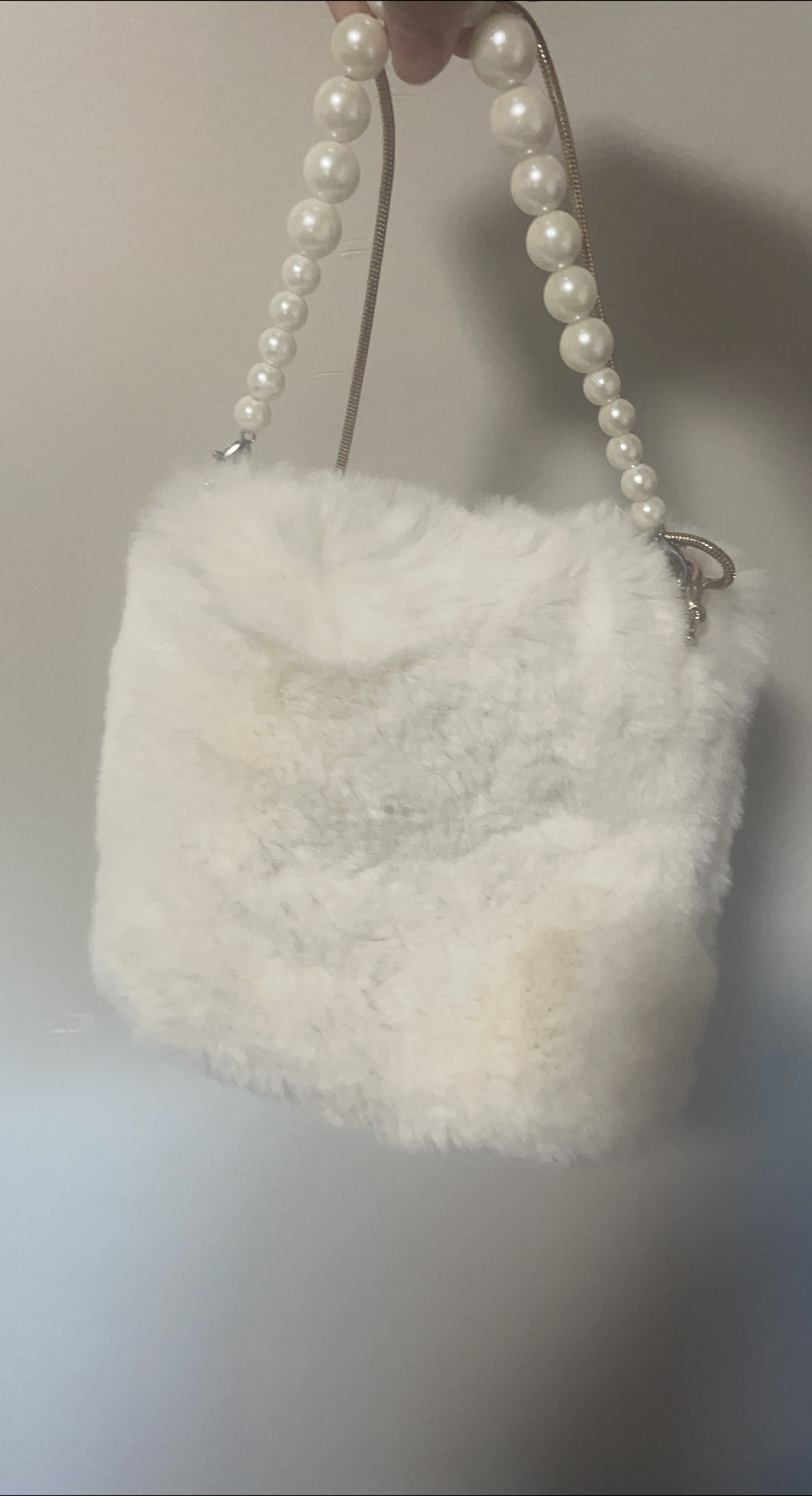 White Faux Fur Purse with Pearl Handle thumbnail