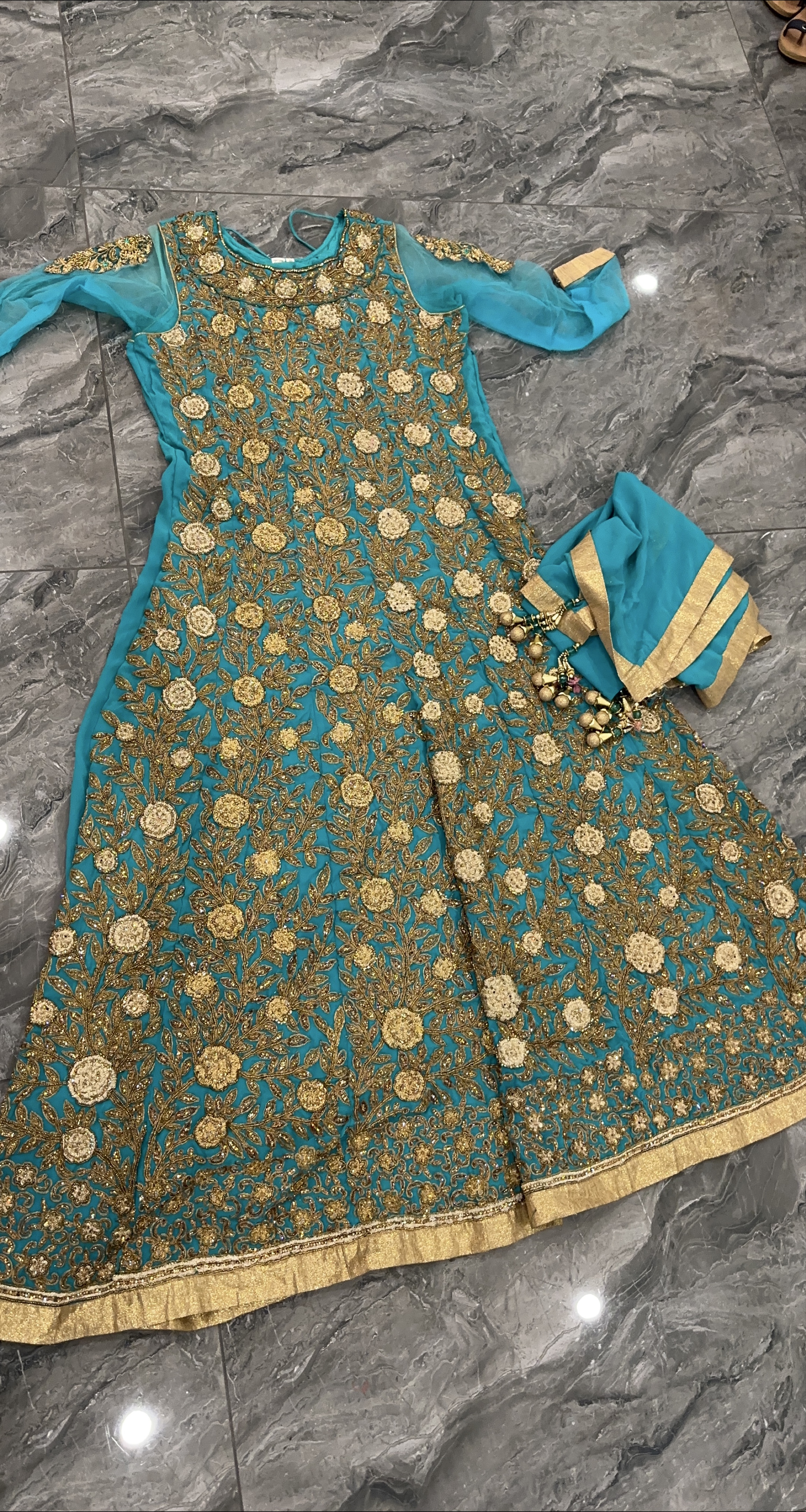 Heavy Teal & Gold Embroidered Anarkali Dress thumbnail