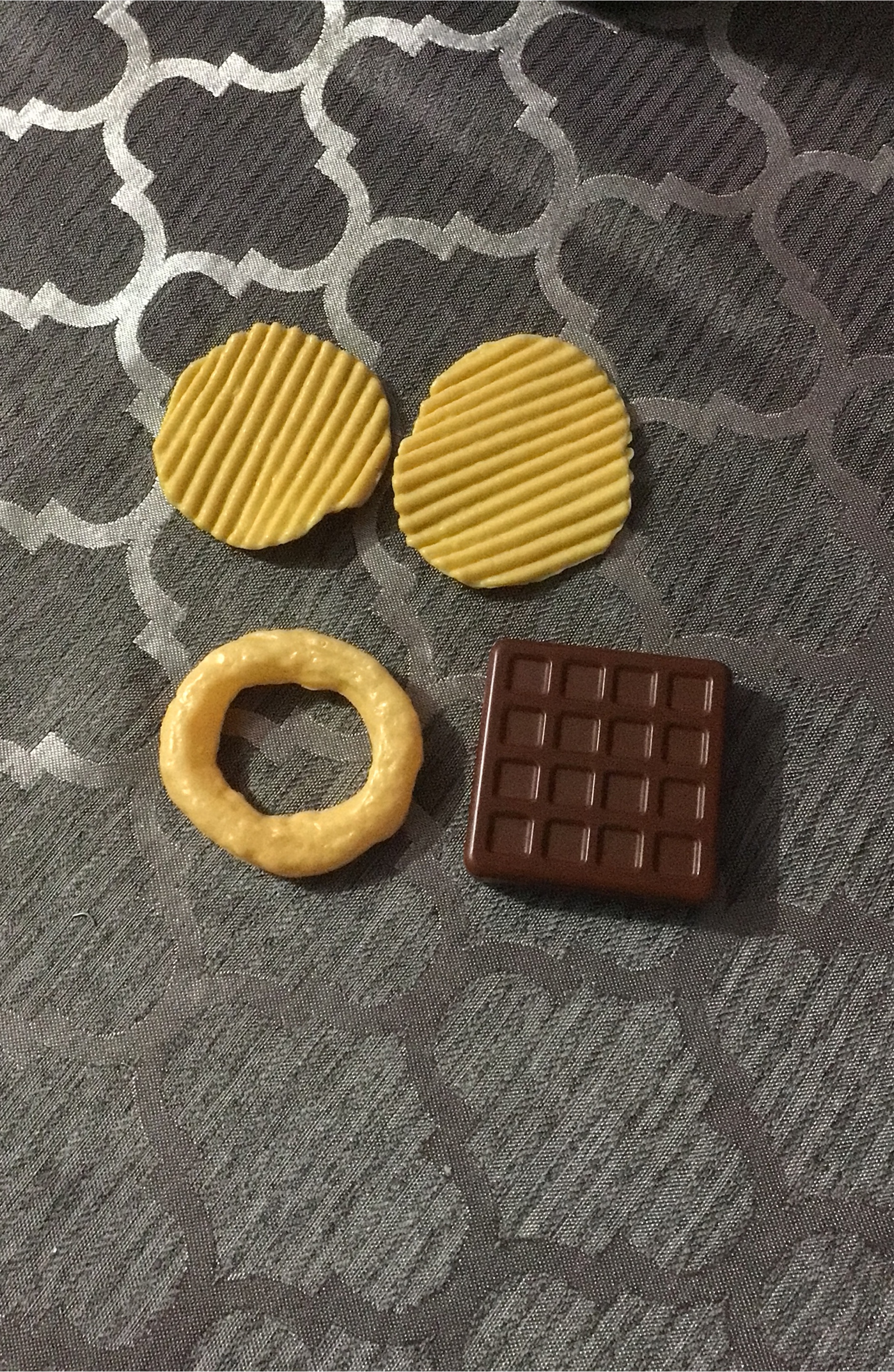 Toy food, chips, onion, ring, and chocolate
