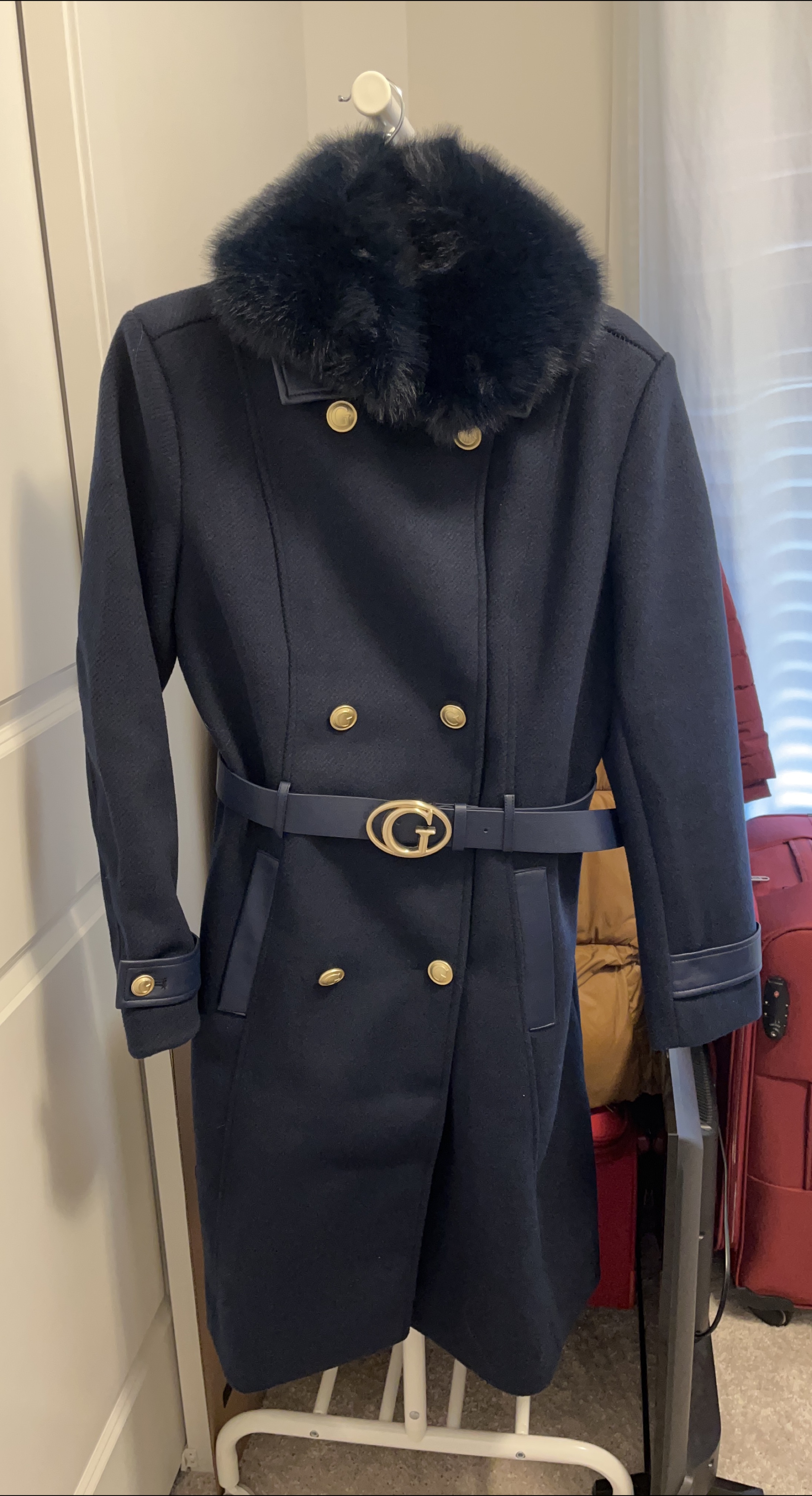Guess Navy Blue Belted Wool Coat thumbnail
