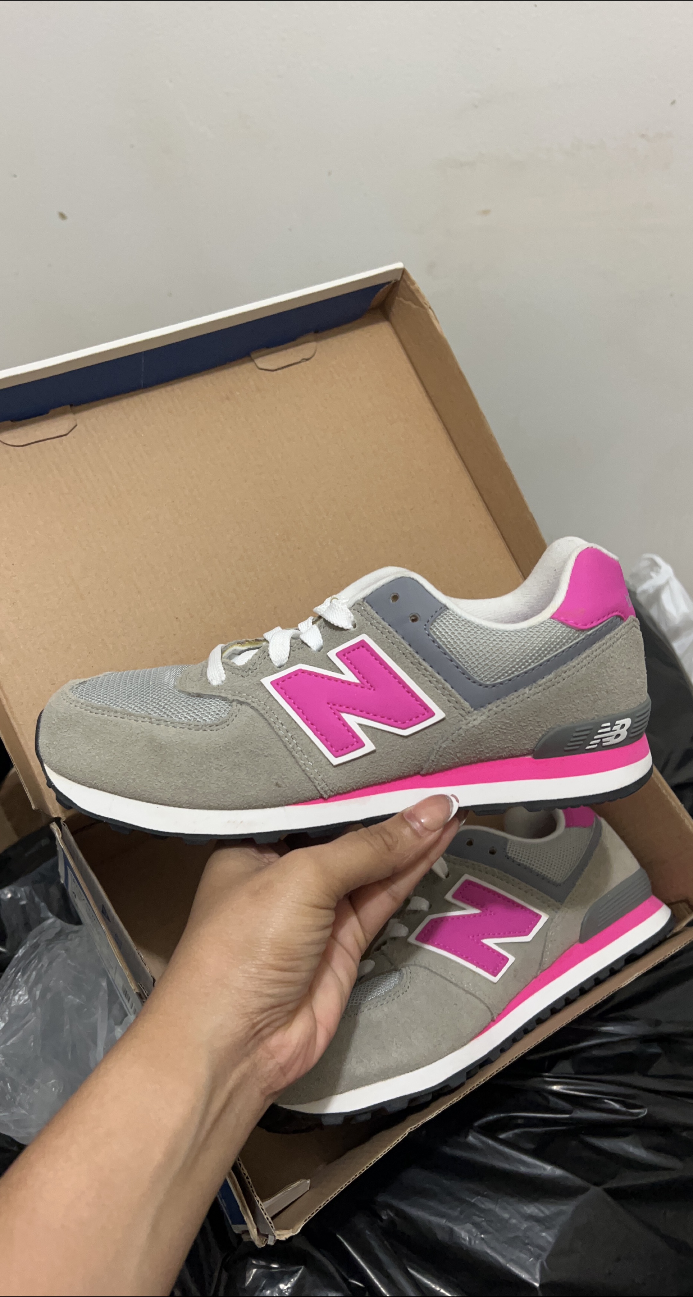 New Balance 574 Gray/Pink Sneakers Size 4 thumbnail