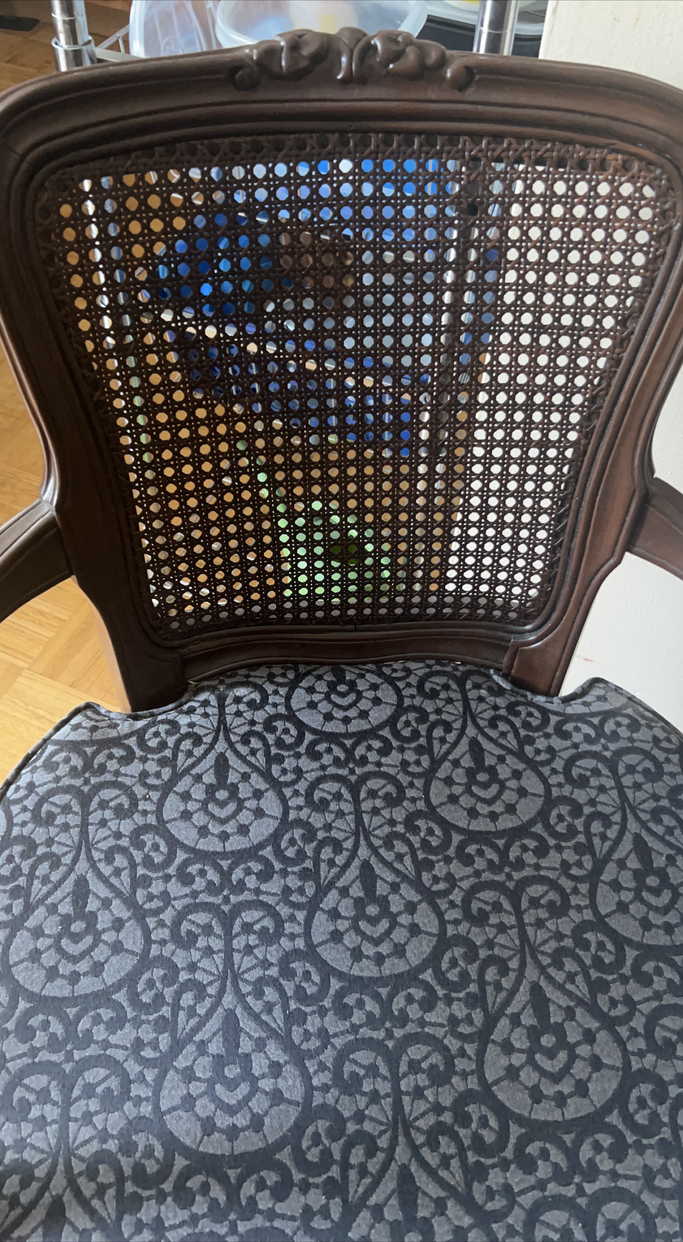 Vintage Style Armchair - Dark Wood & Patterned Cushion thumbnail