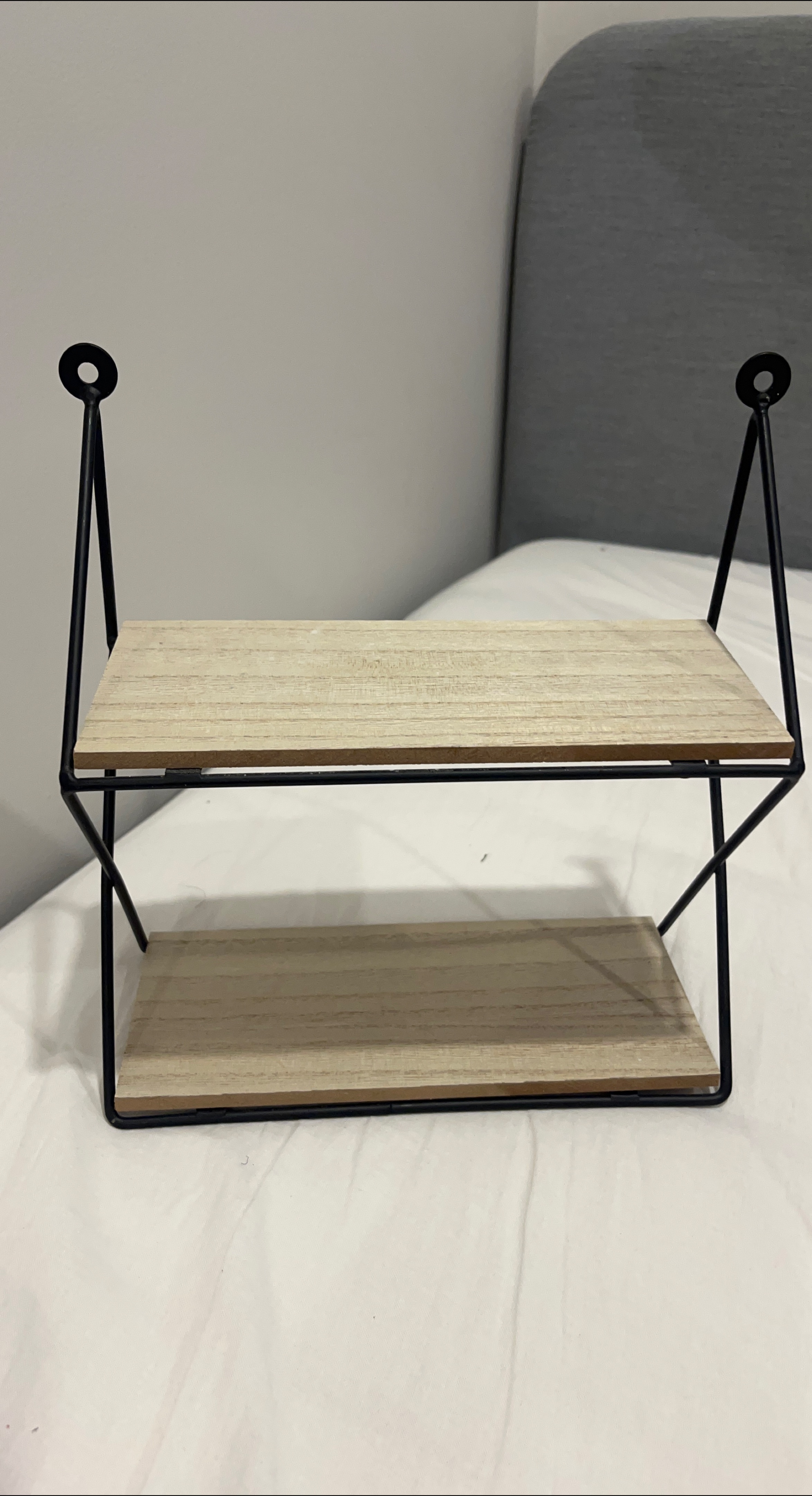 Two-Tier Wooden Shelf with Black Metal Frame thumbnail