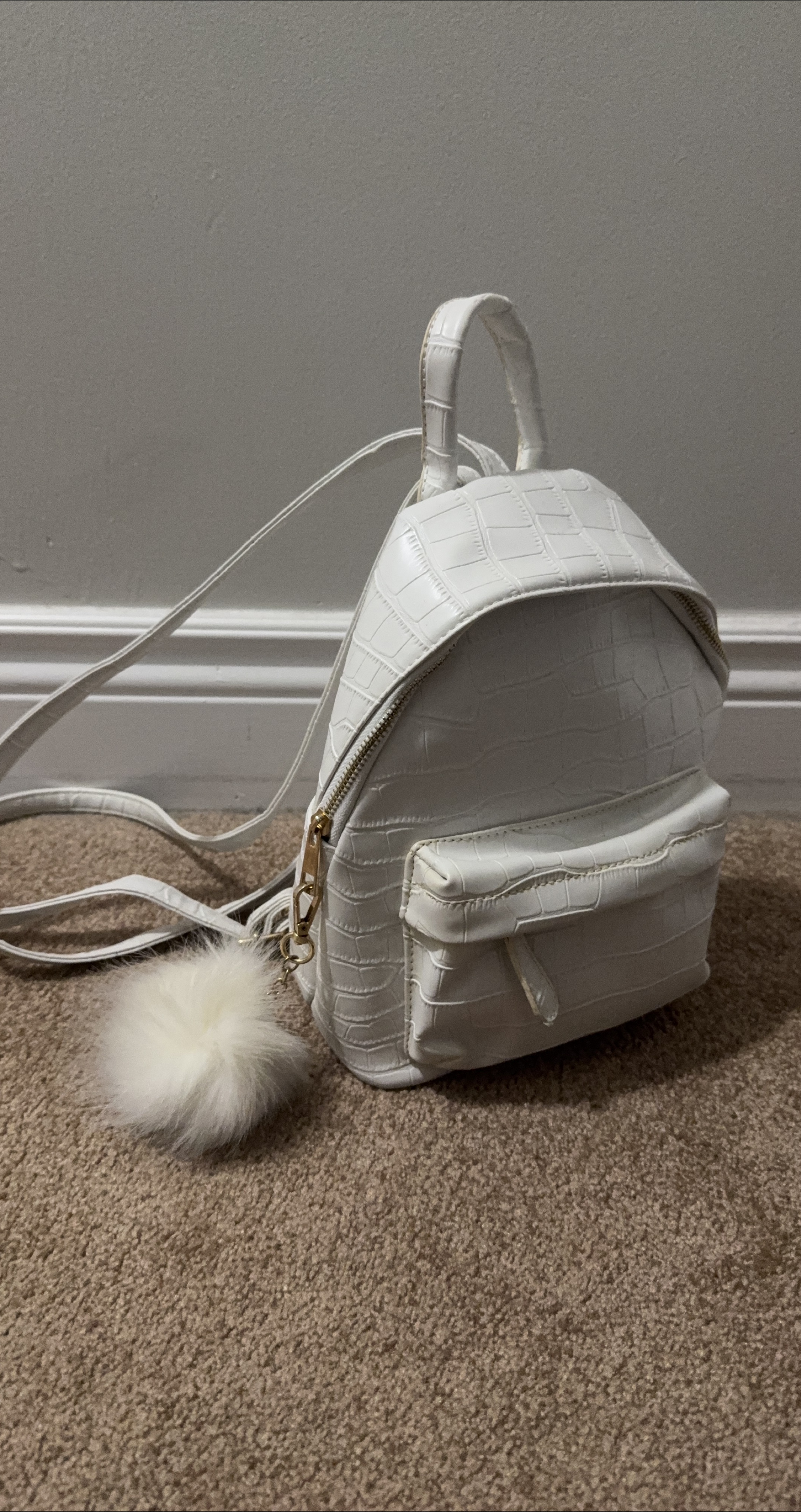 White Croc-Embossed Mini Backpack with Pom-Pom
