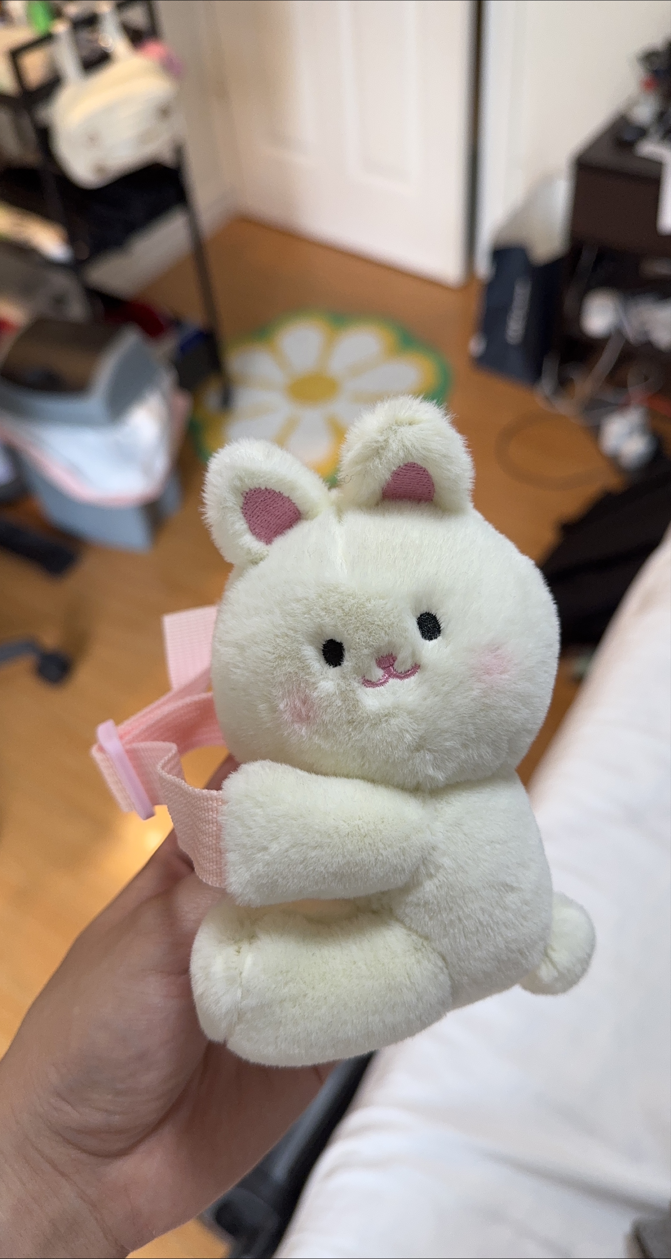 Cute White Bunny Plushie with Pink Straps thumbnail