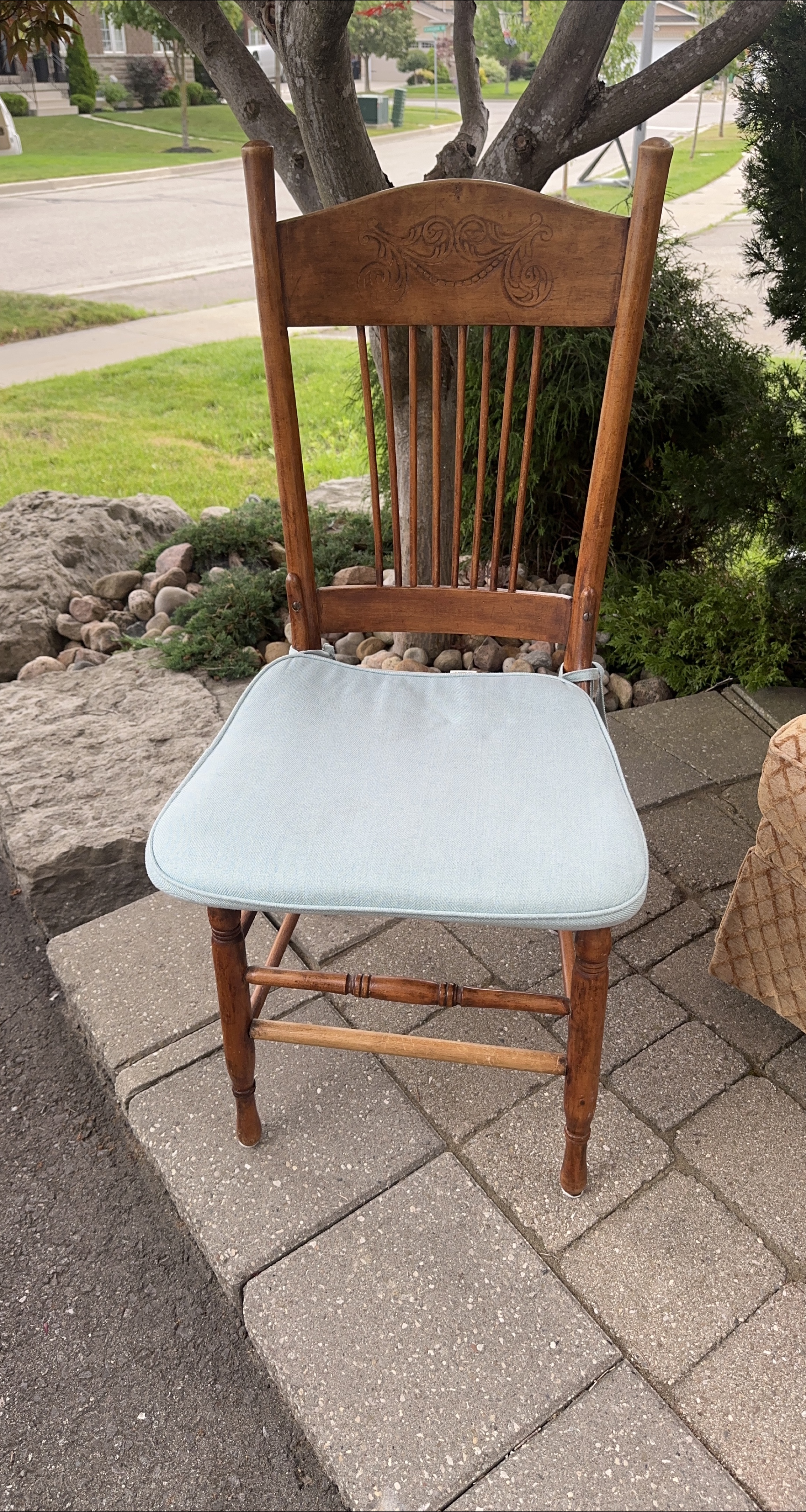 Antique Wooden Chair with Light Blue Cushion thumbnail