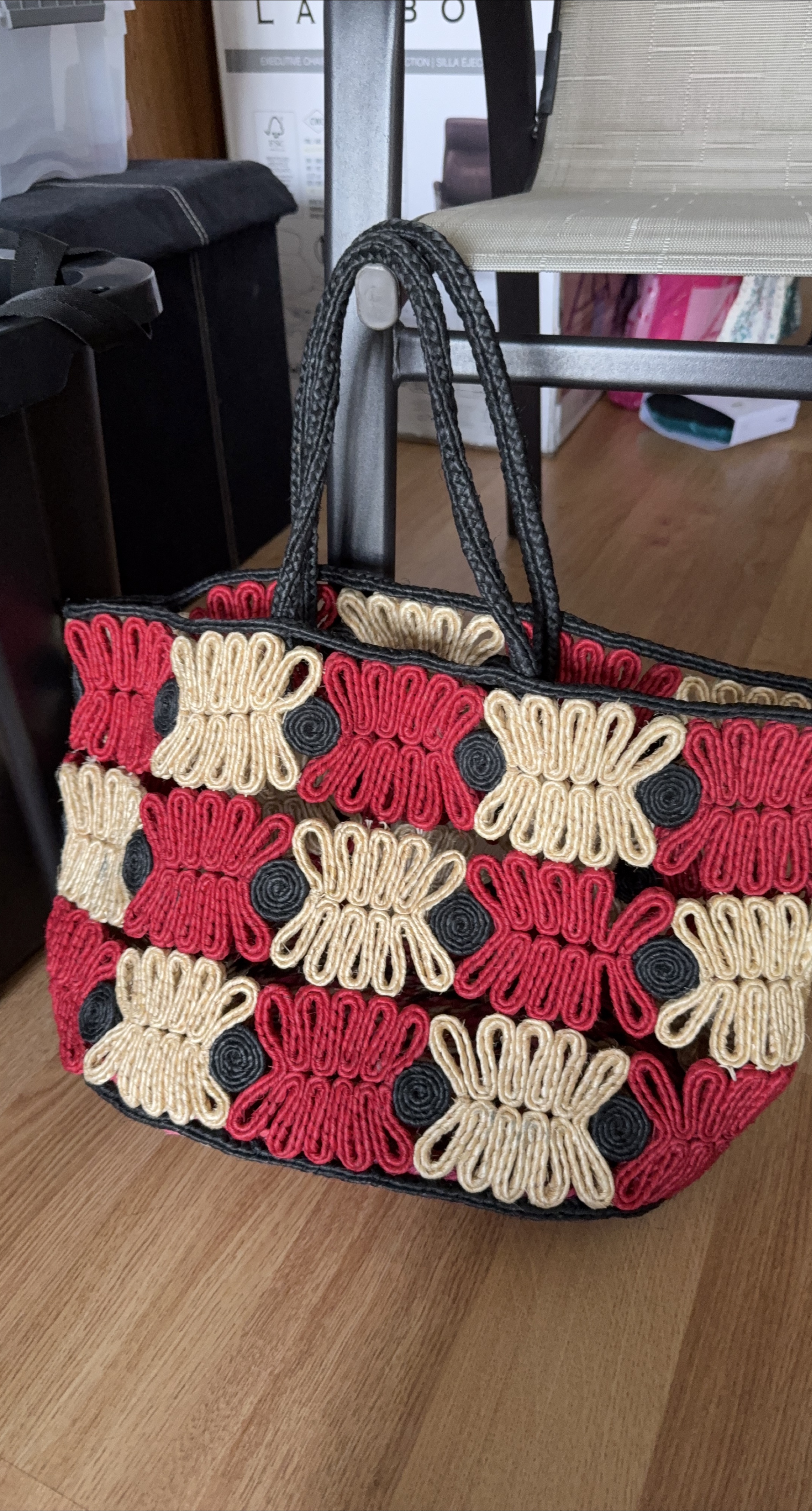 Red & Beige Woven Tote Bag thumbnail