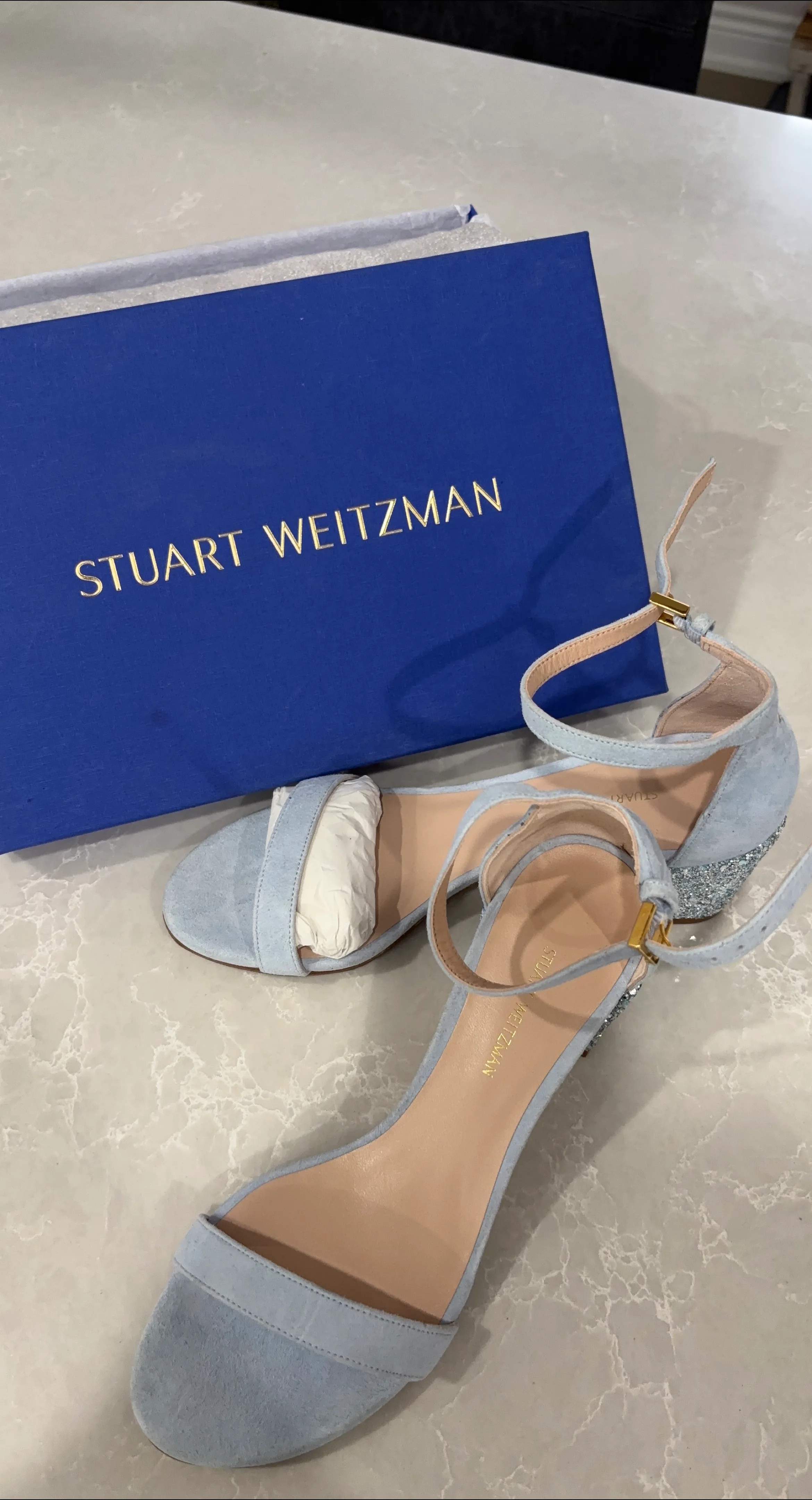 Stuart Weitzman Simplemi Azure Suede Sandals - Size 7