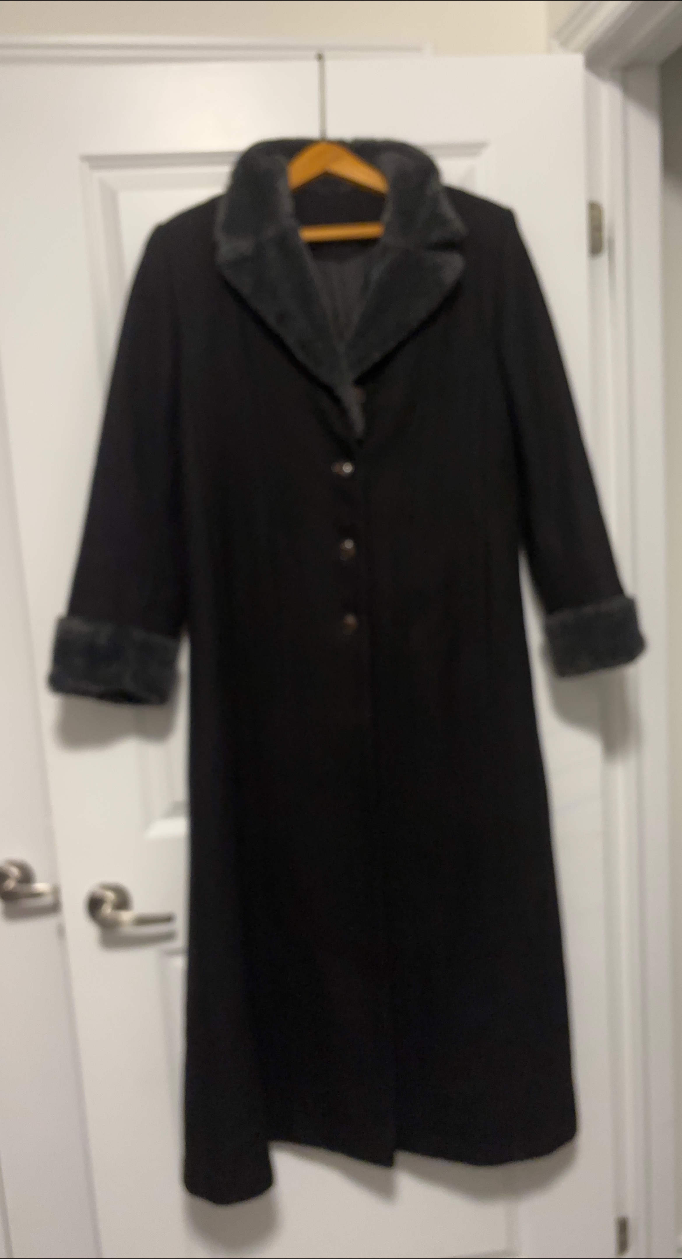 Black Wool Blend Coat with Faux Fur Trim thumbnail