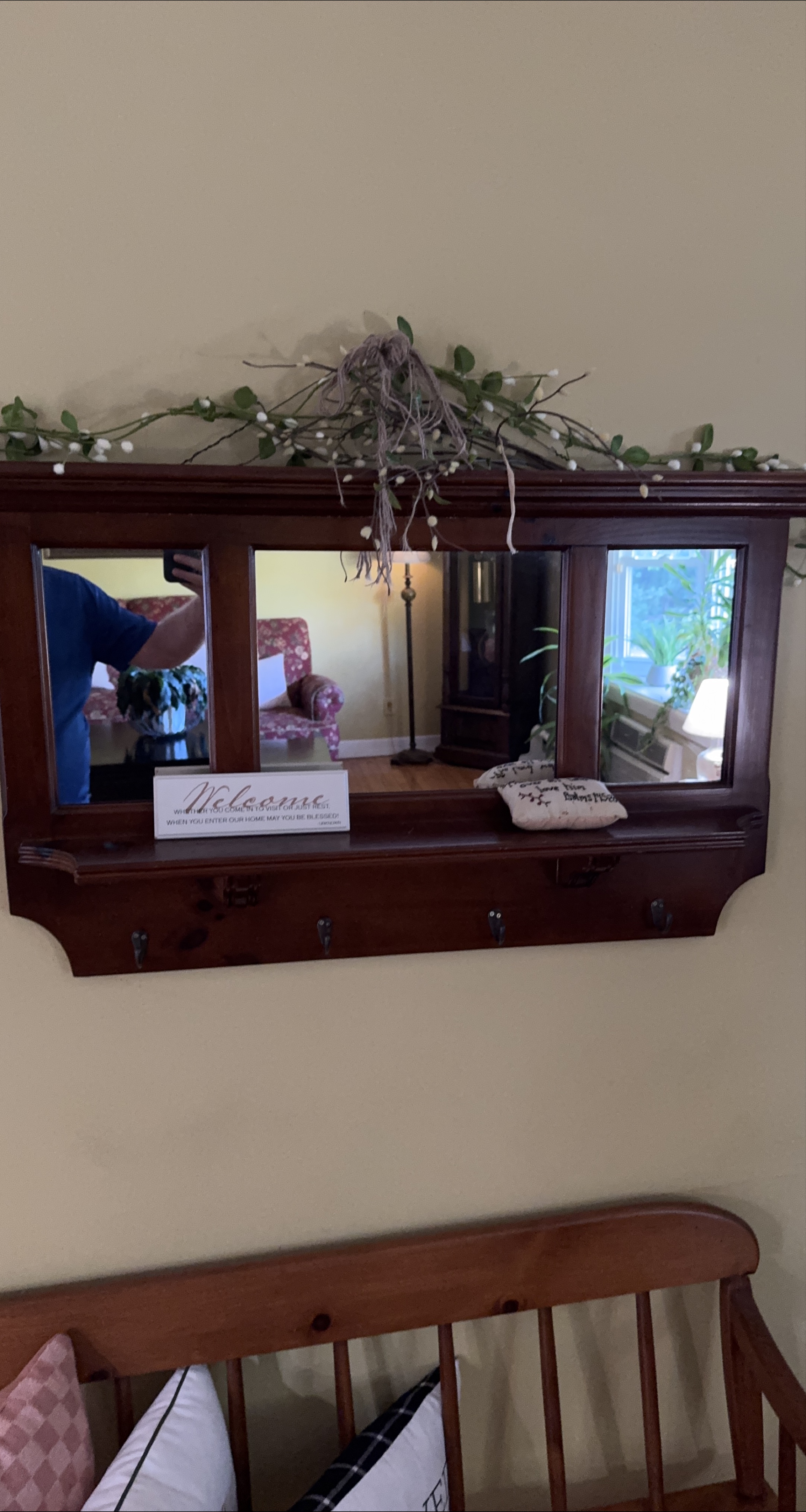 Wooden Entryway Mirror with Shelf and Hooks thumbnail