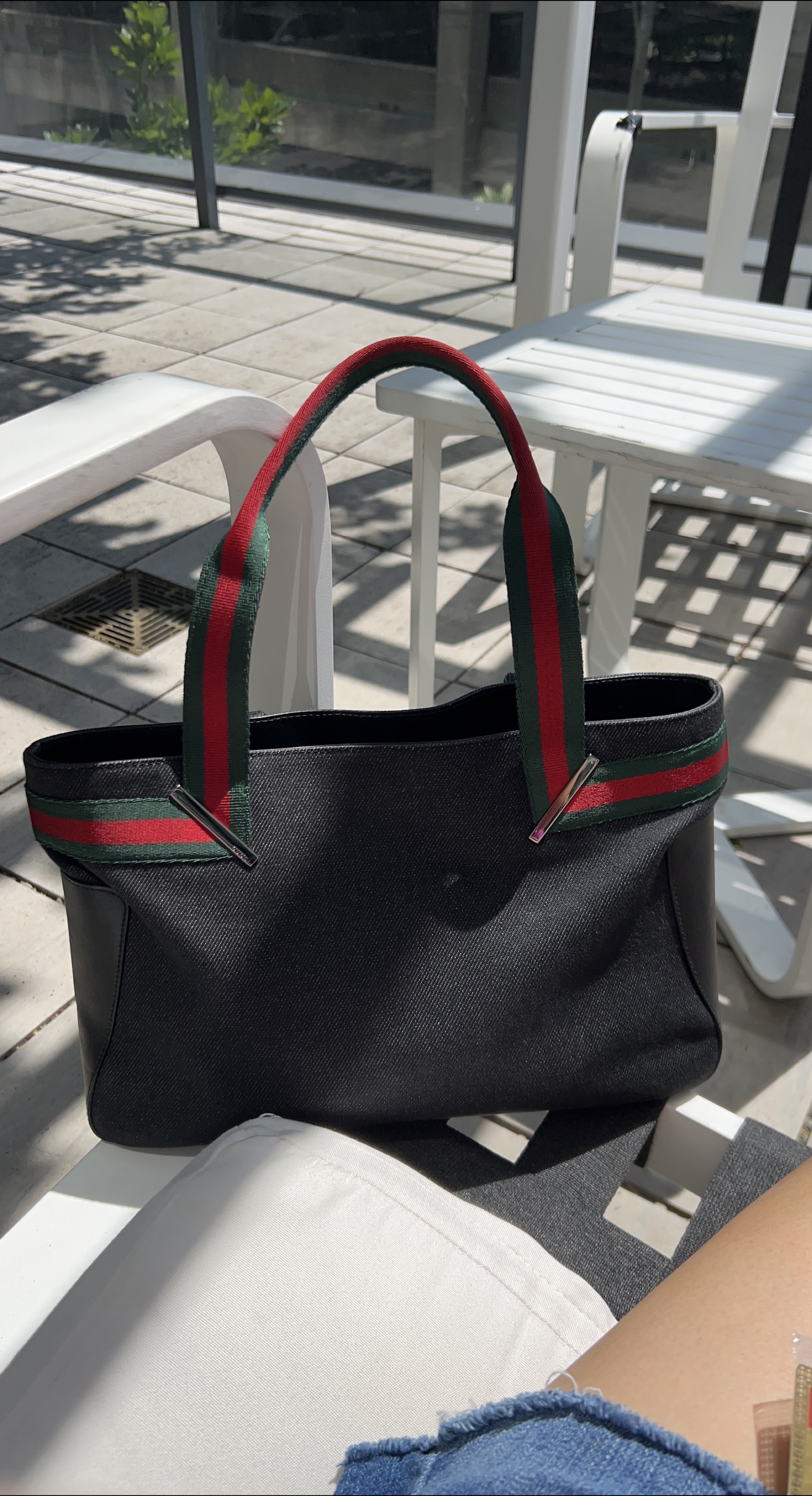 Authentic Gucci Denim Web Tote Bag - Black with Striped Handle thumbnail