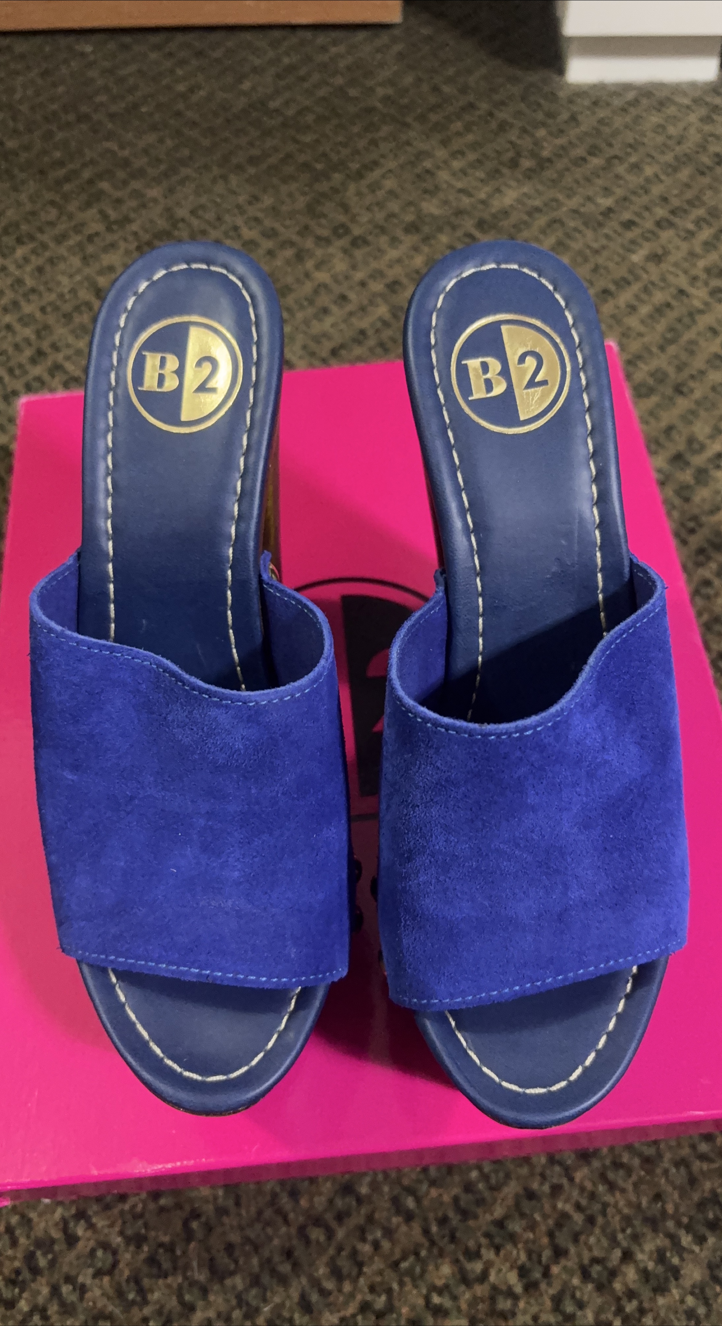 B2 Blue Suede Heeled Mules - Size 6