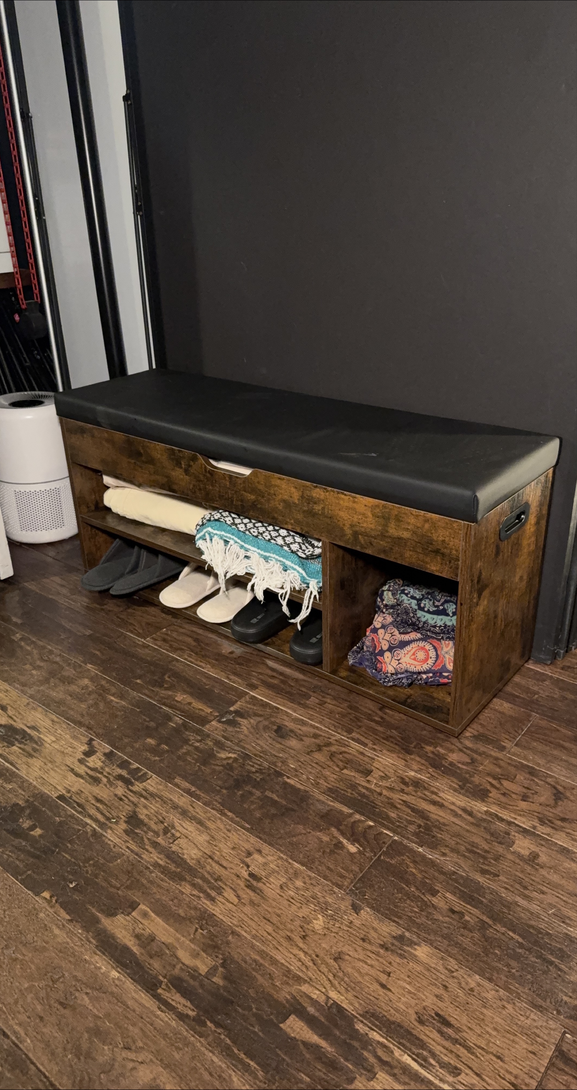 Wood Storage Bench with Black Cushion thumbnail