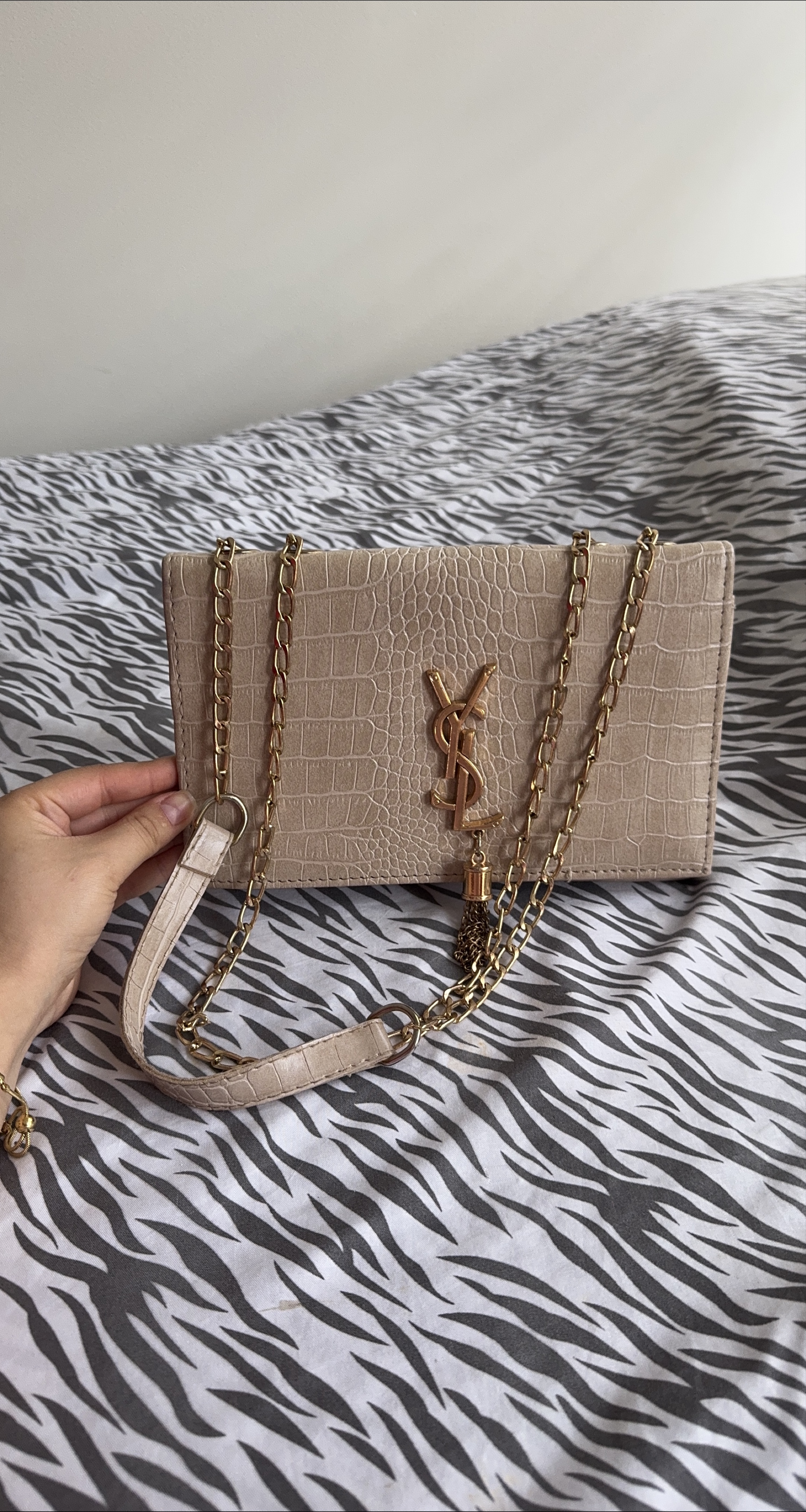 YSL Beige Croc Embossed Chain Bag thumbnail