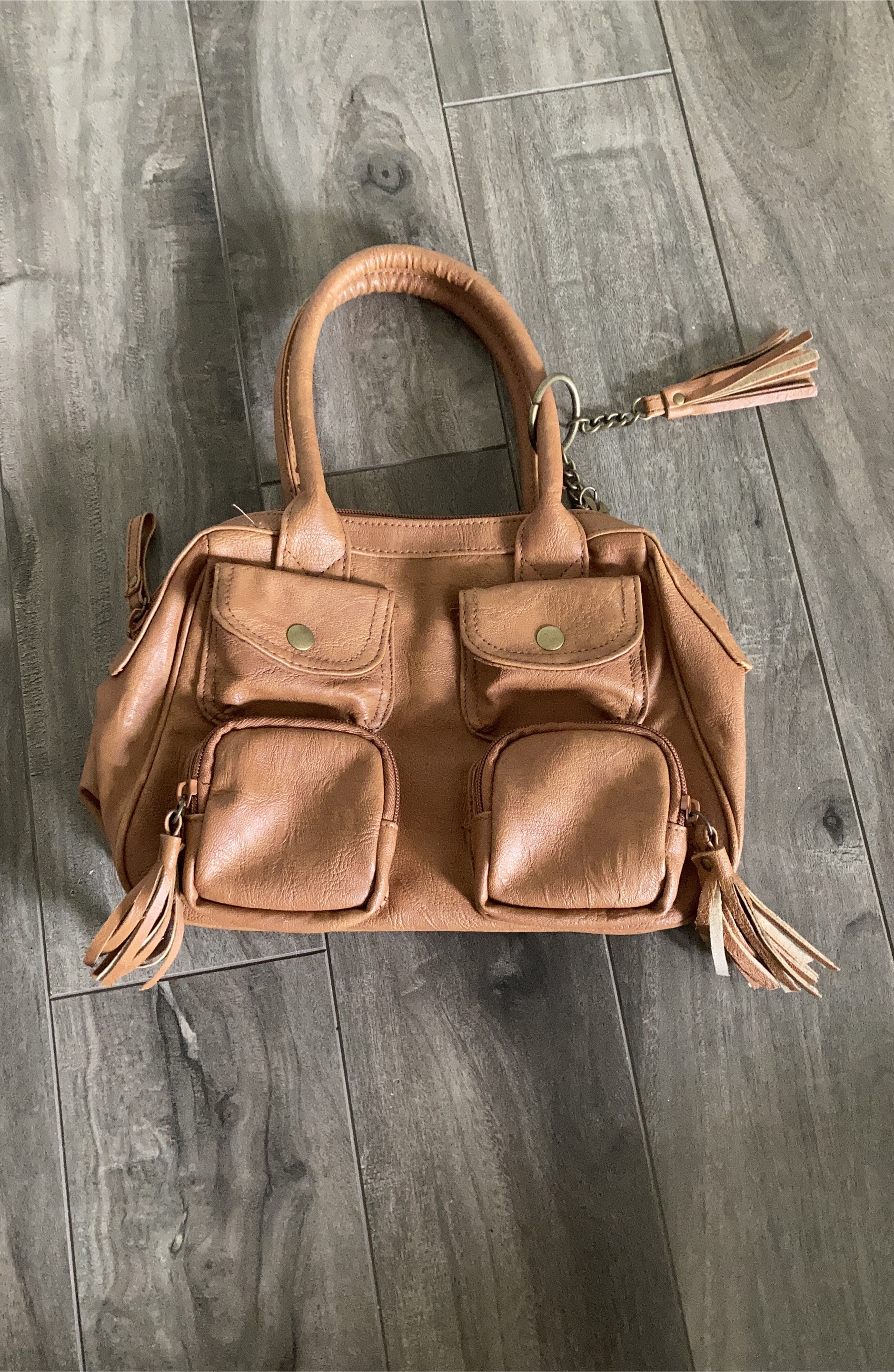 Brown Faux Leather Satchel with Tassels thumbnail