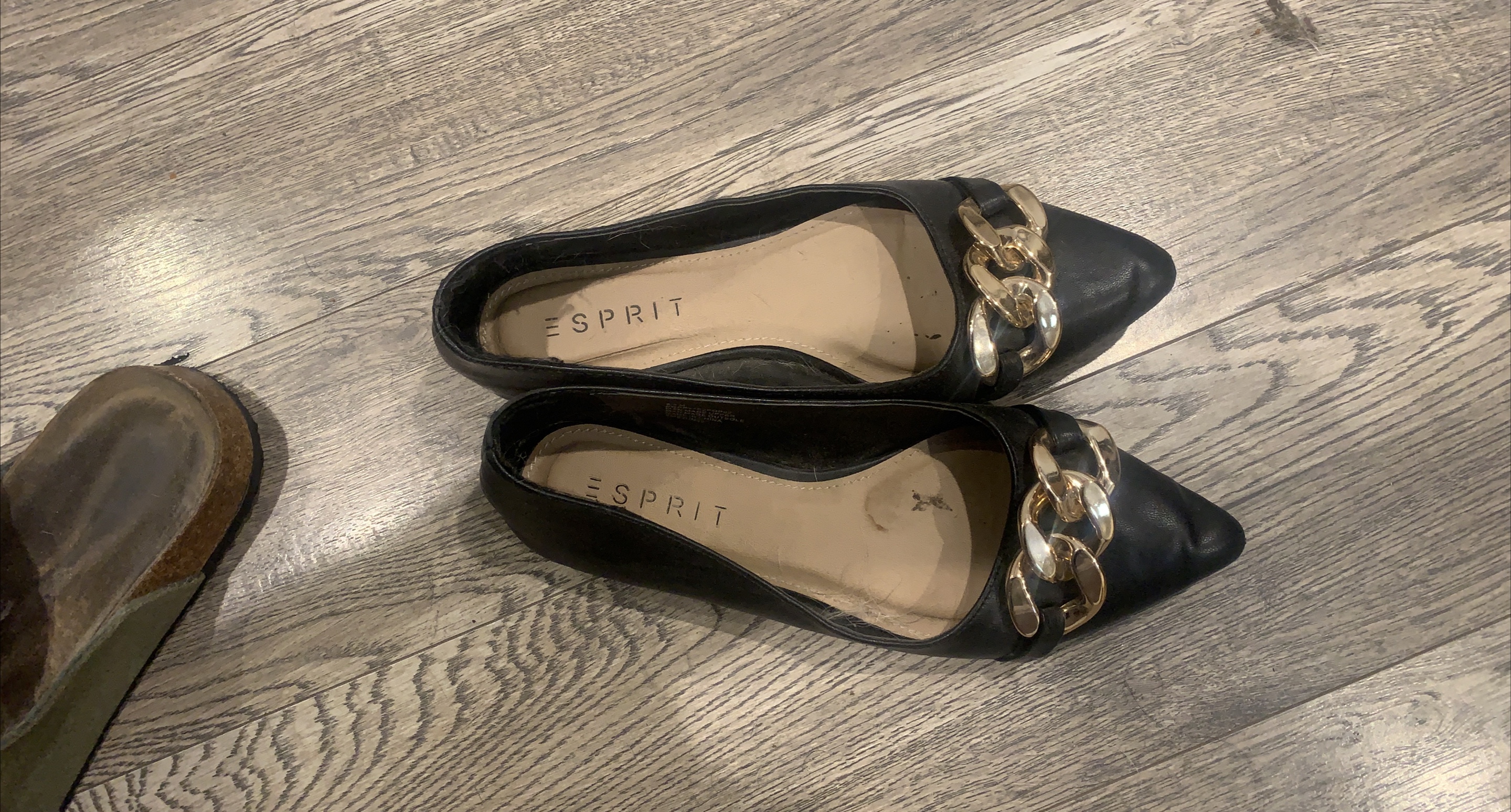 Moving Sale! Esprit Black Flats with Gold Chain Detail thumbnail