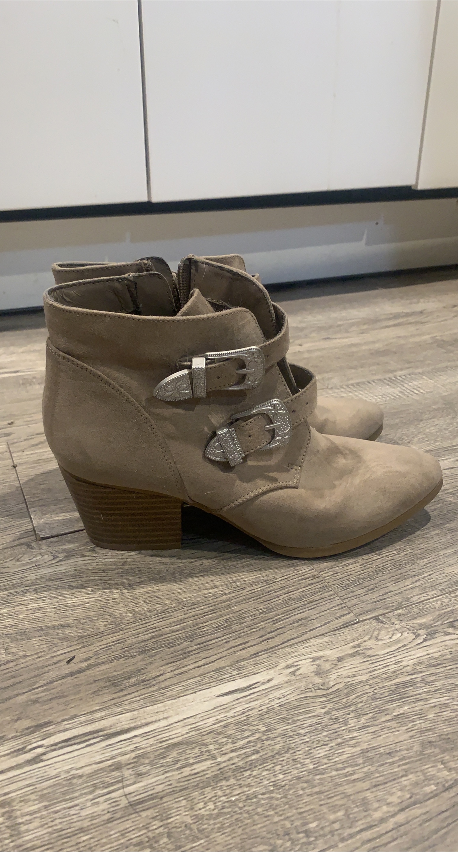 Taupe Christian Siriano Ankle Boots with Buckle Detail thumbnail
