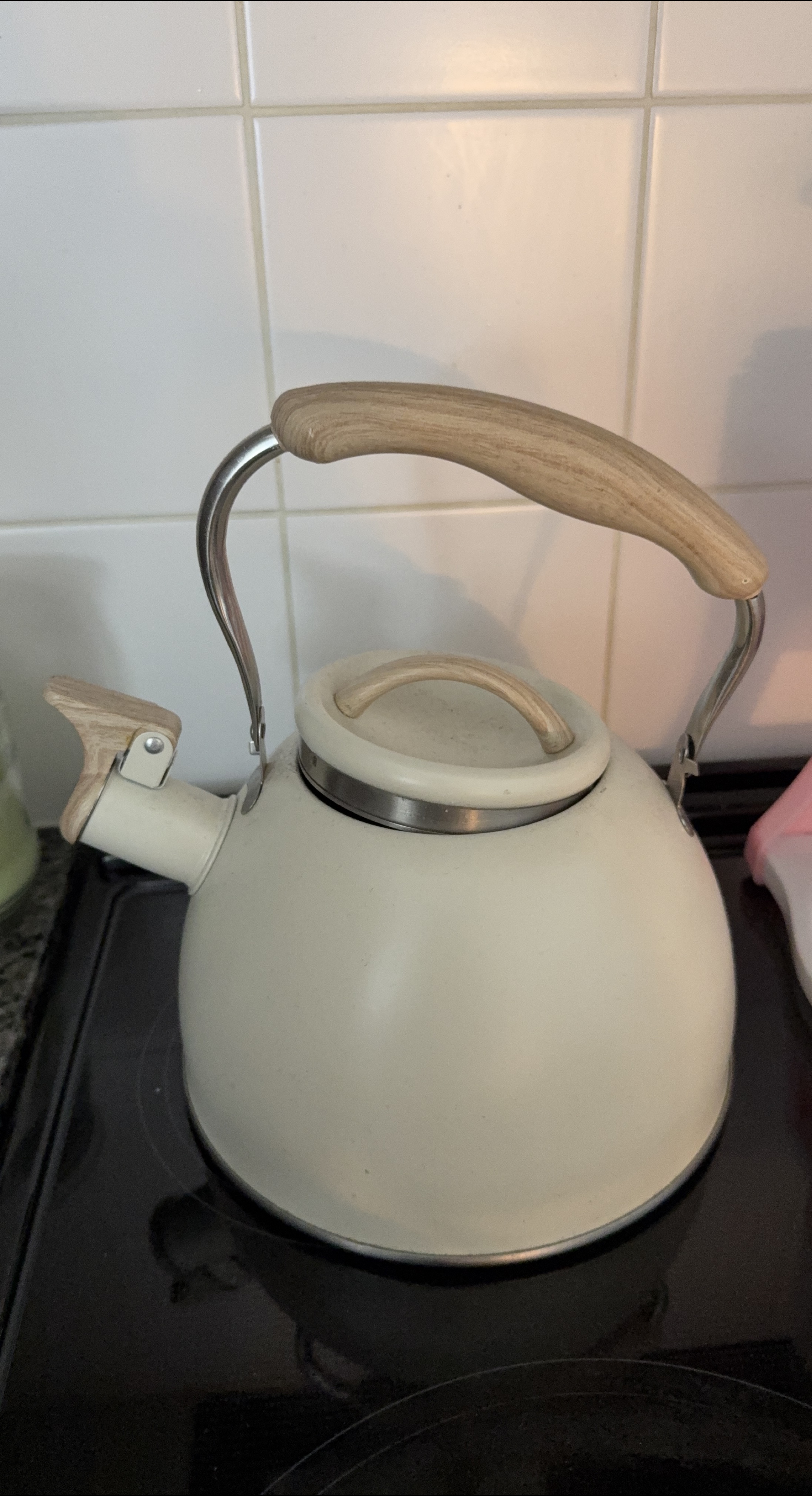 Cream Coloured Kettle with Wood Handle thumbnail