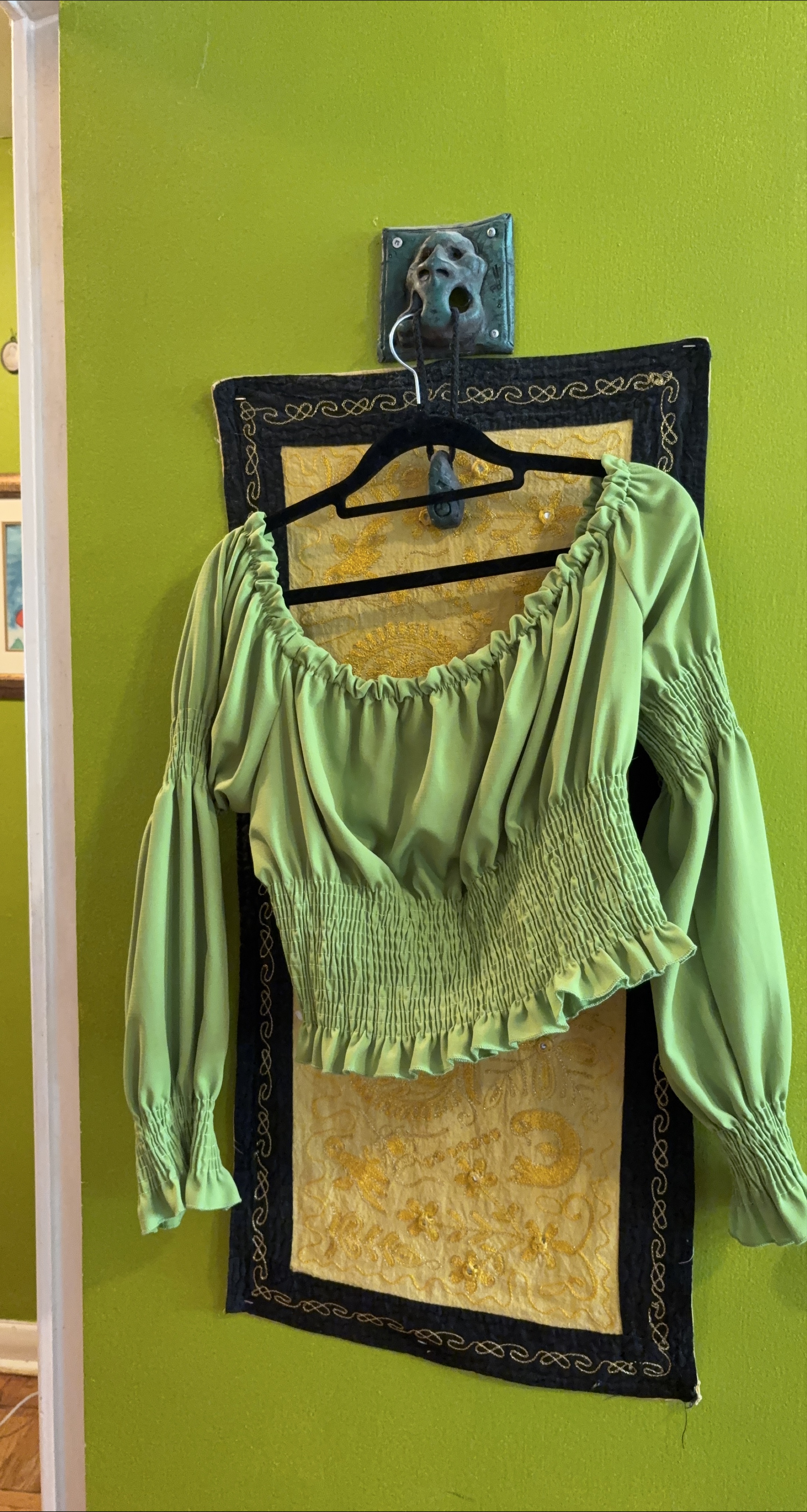 Green Smocked Off-Shoulder Peasant Blouse thumbnail