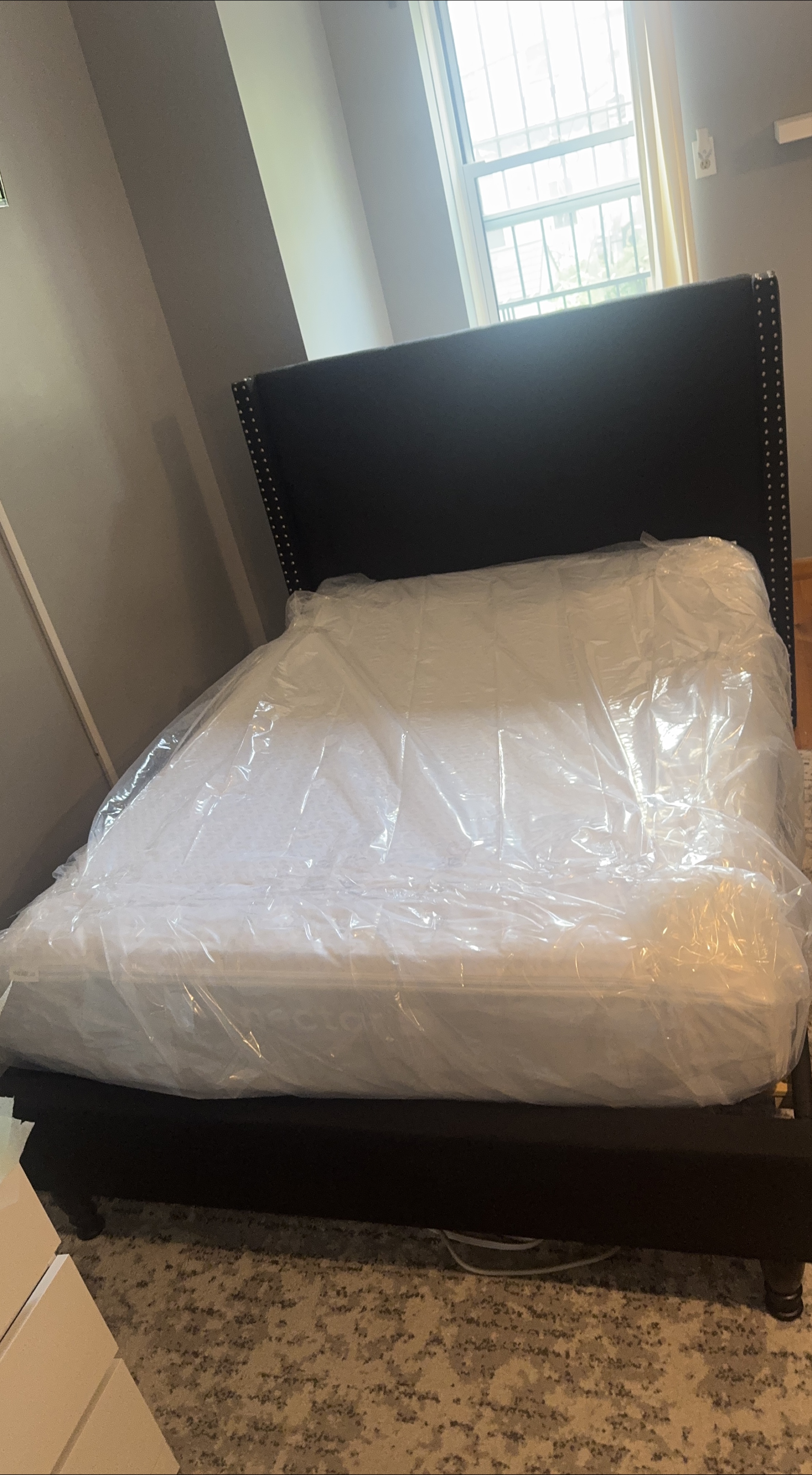 PRICED TO SELL!! Upholstered Bed Frame and mattress - Black thumbnail