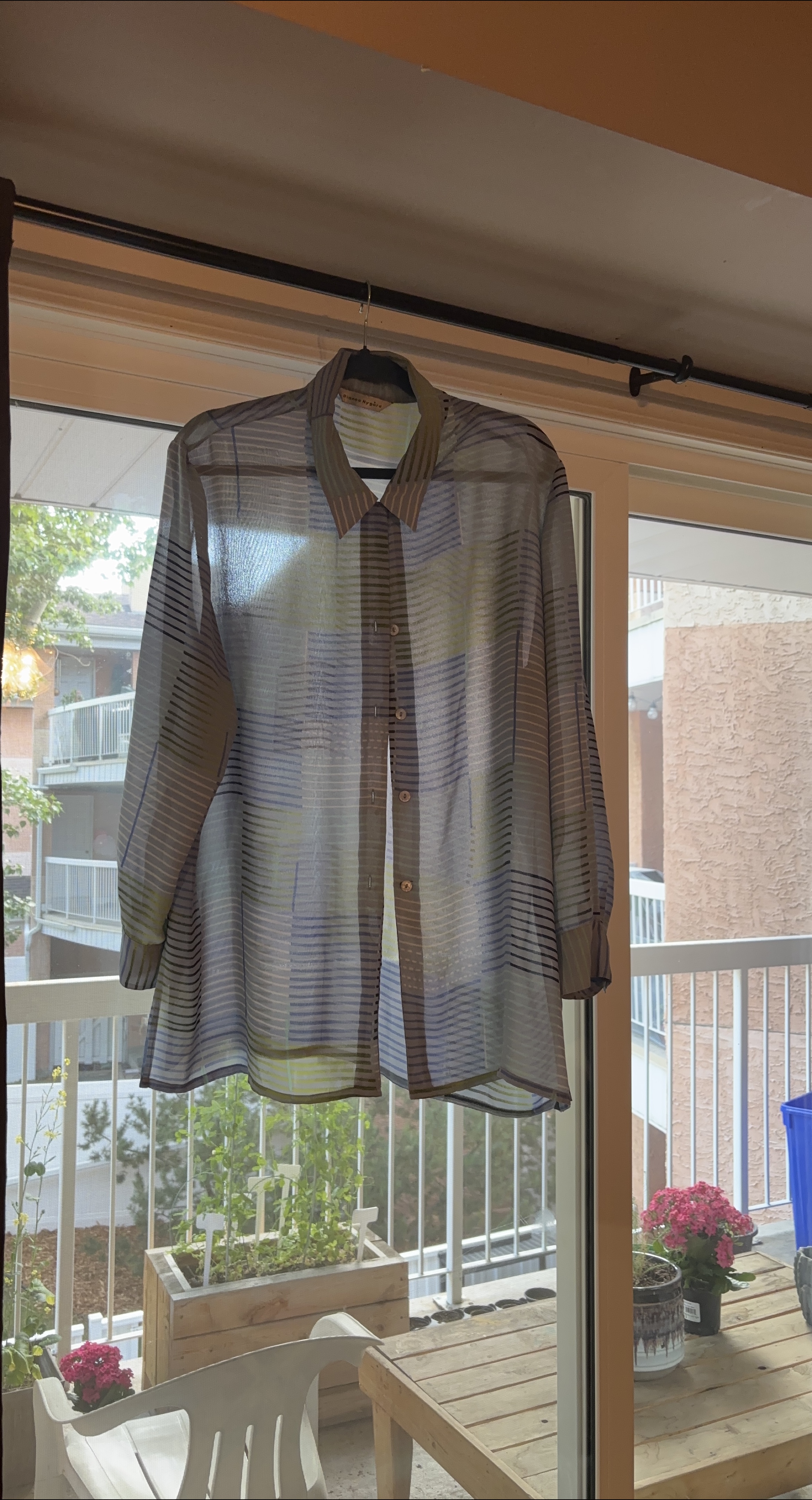 Blue, white, green long sleeve blouse thumbnail