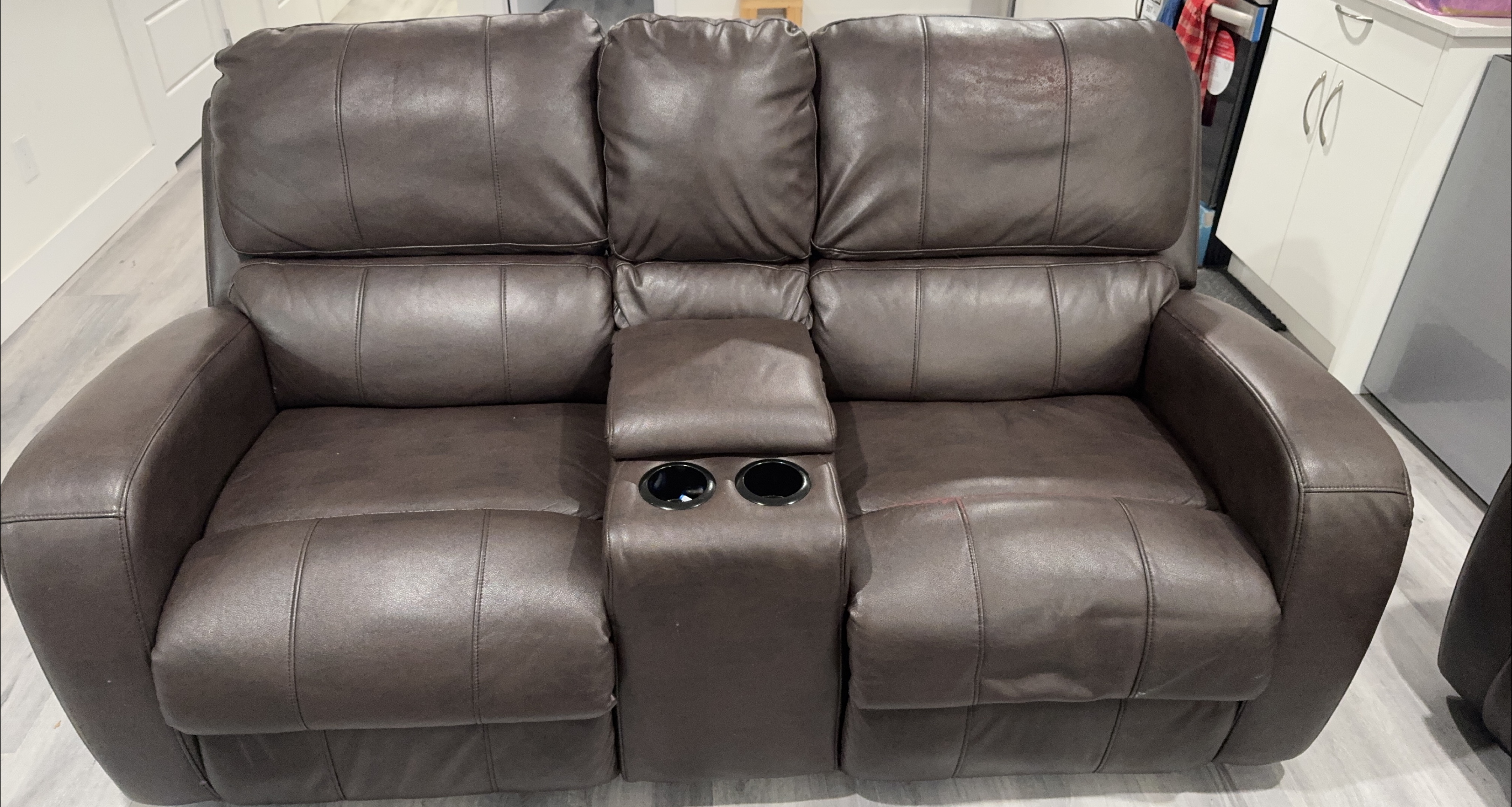 Dark Brown Faux Leather Loveseat with Cup Holders
