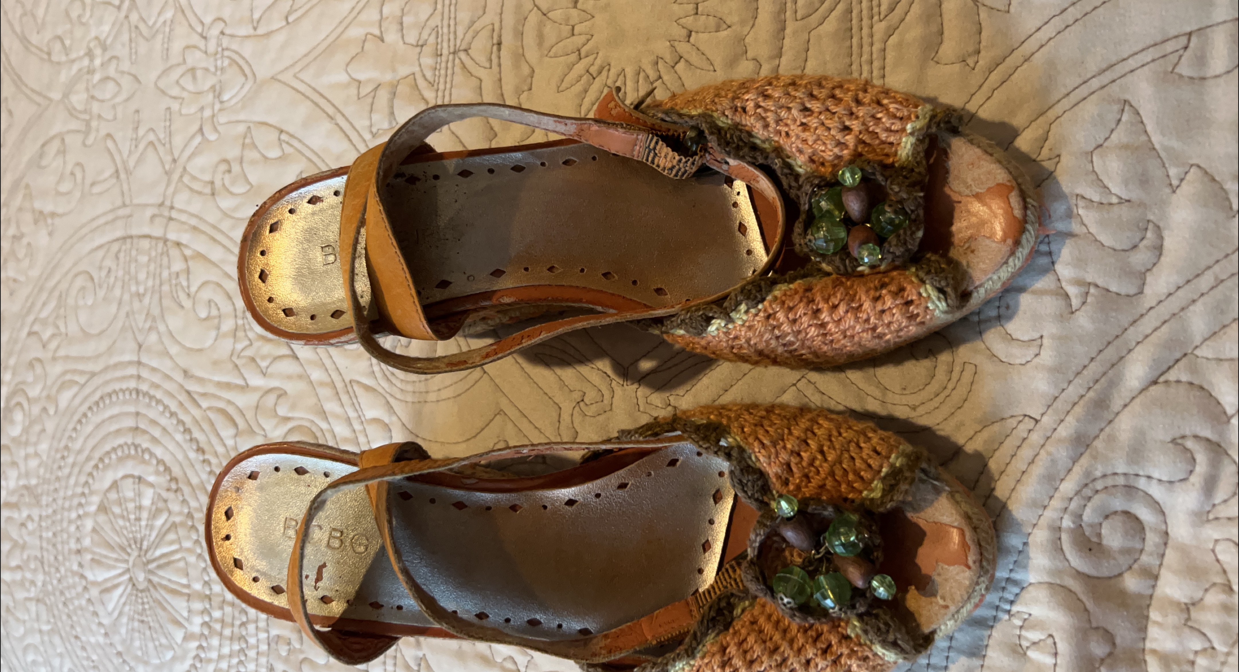 BCBG Brown Crochet Embellished Sandals thumbnail