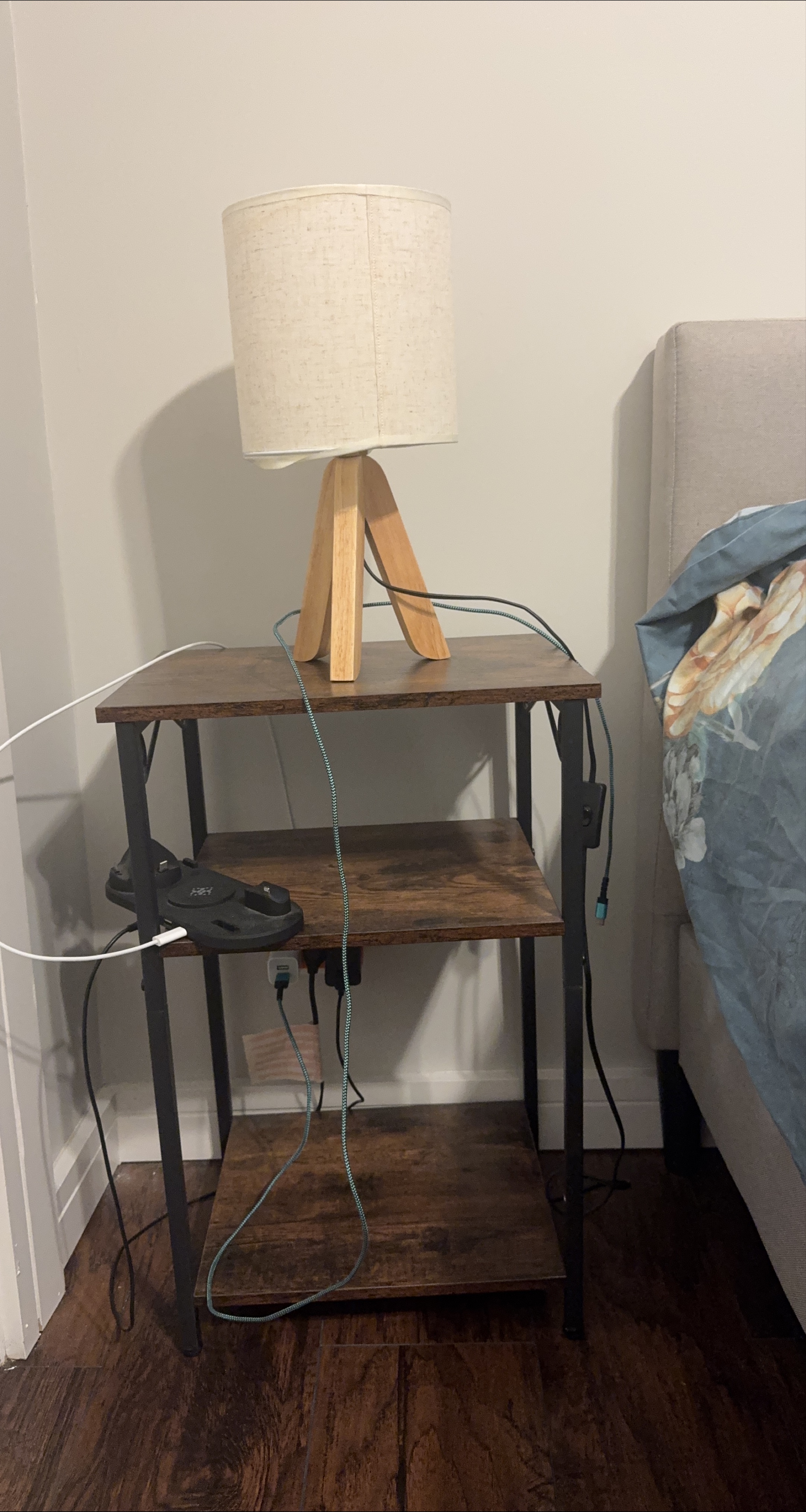 Brown Wooden Nightstand with Lamp thumbnail