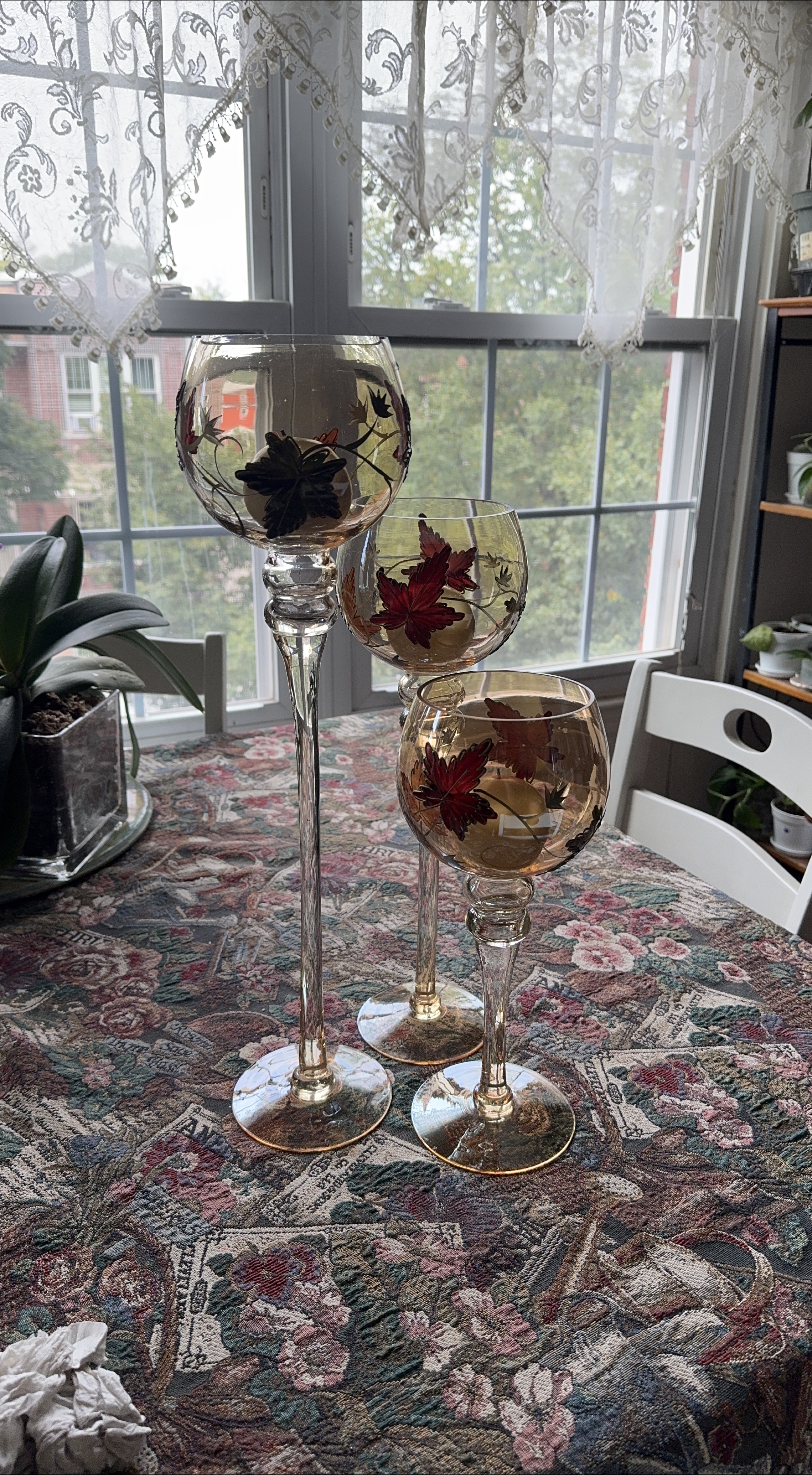 Set of 3 Amber Glass Candlesticks with Maple Leaf Design
