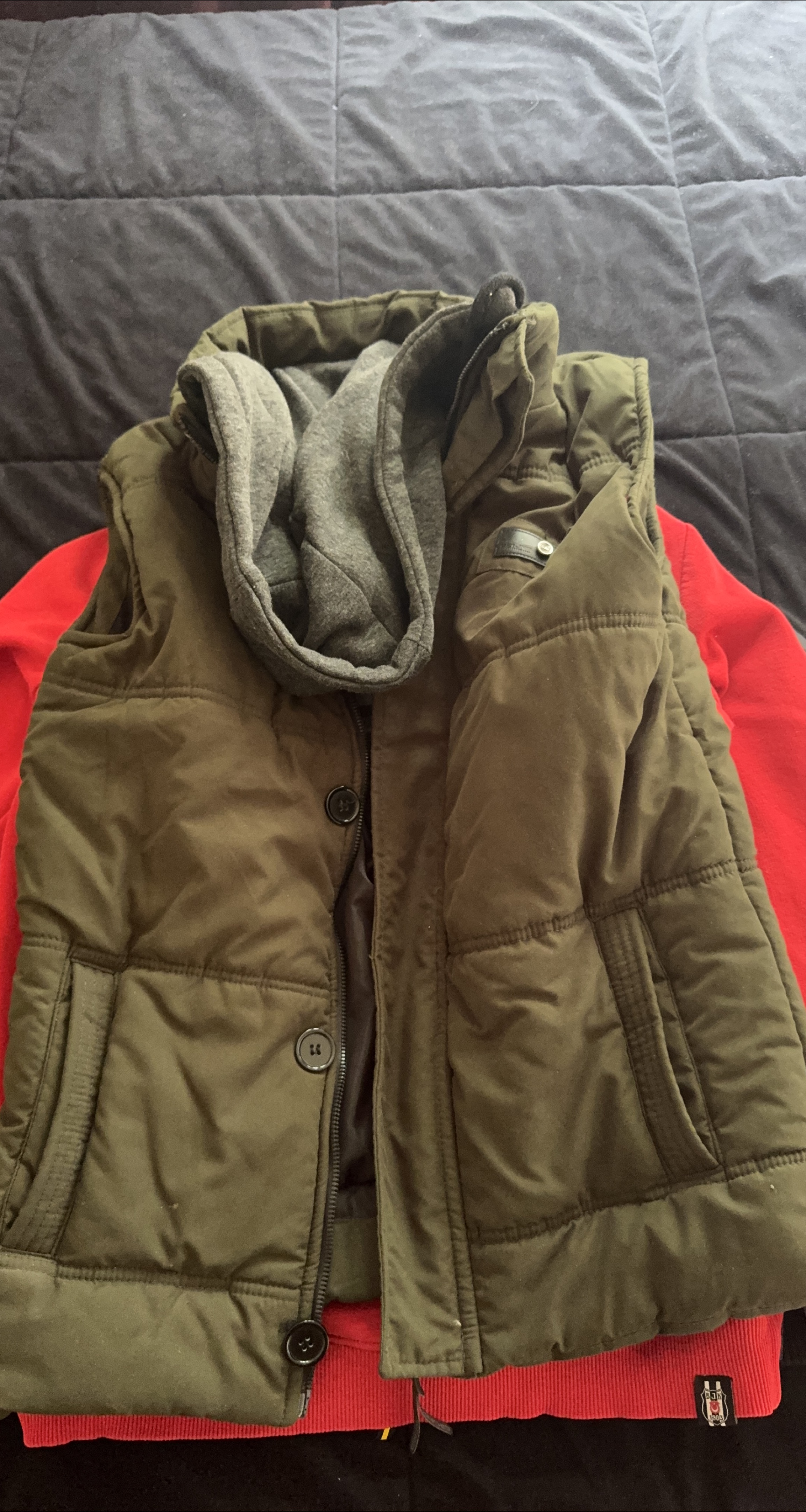 Olive Green Puffer Vest with Hood thumbnail