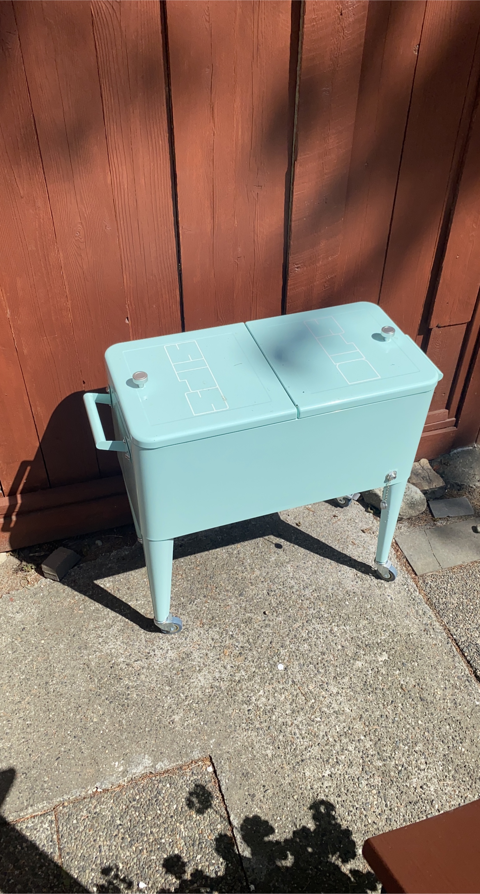 Vintage-Style Blue Metal Cooler with Stand thumbnail