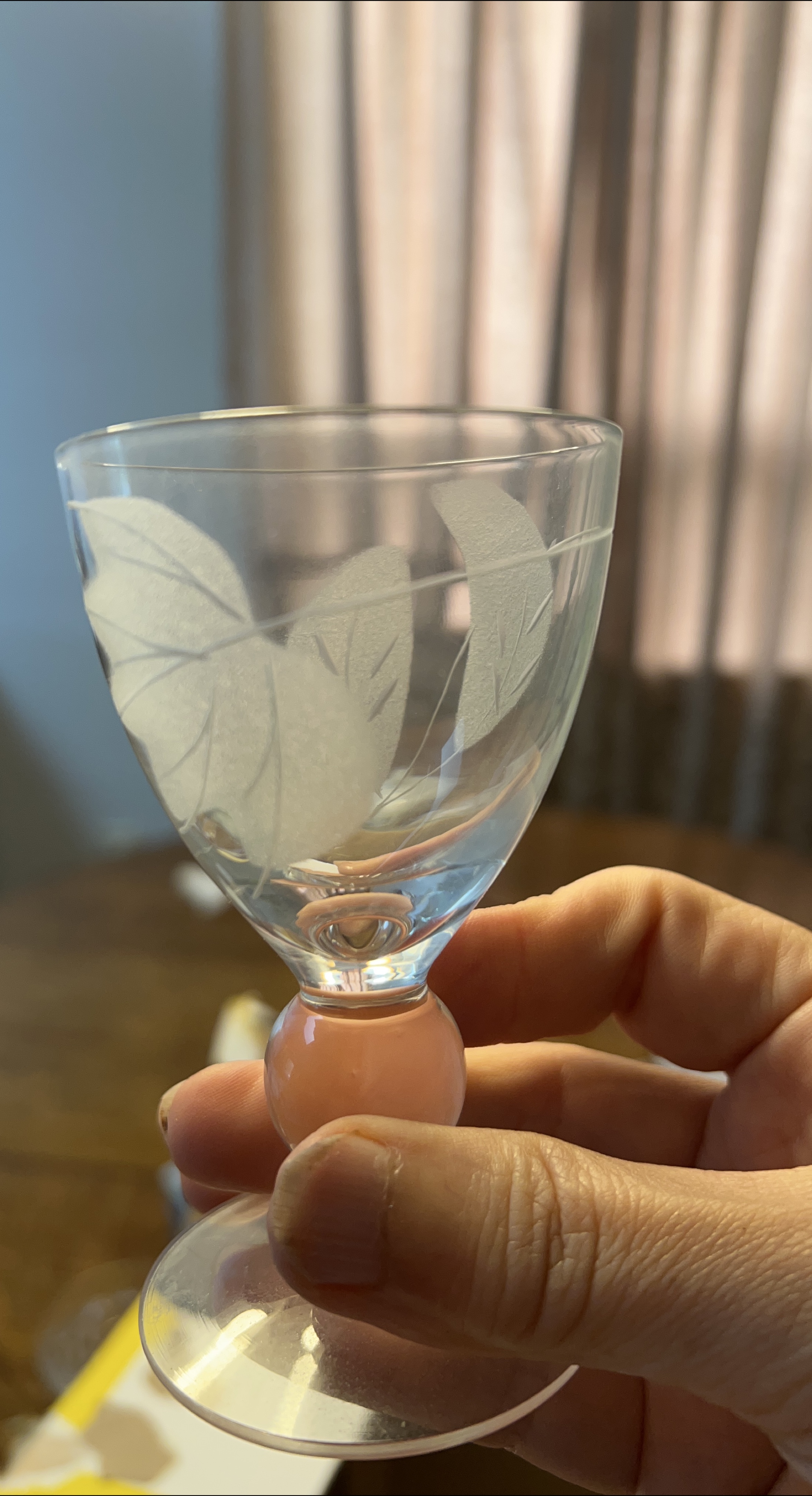 Etched Leaf Wine Glass with Peach Stem thumbnail