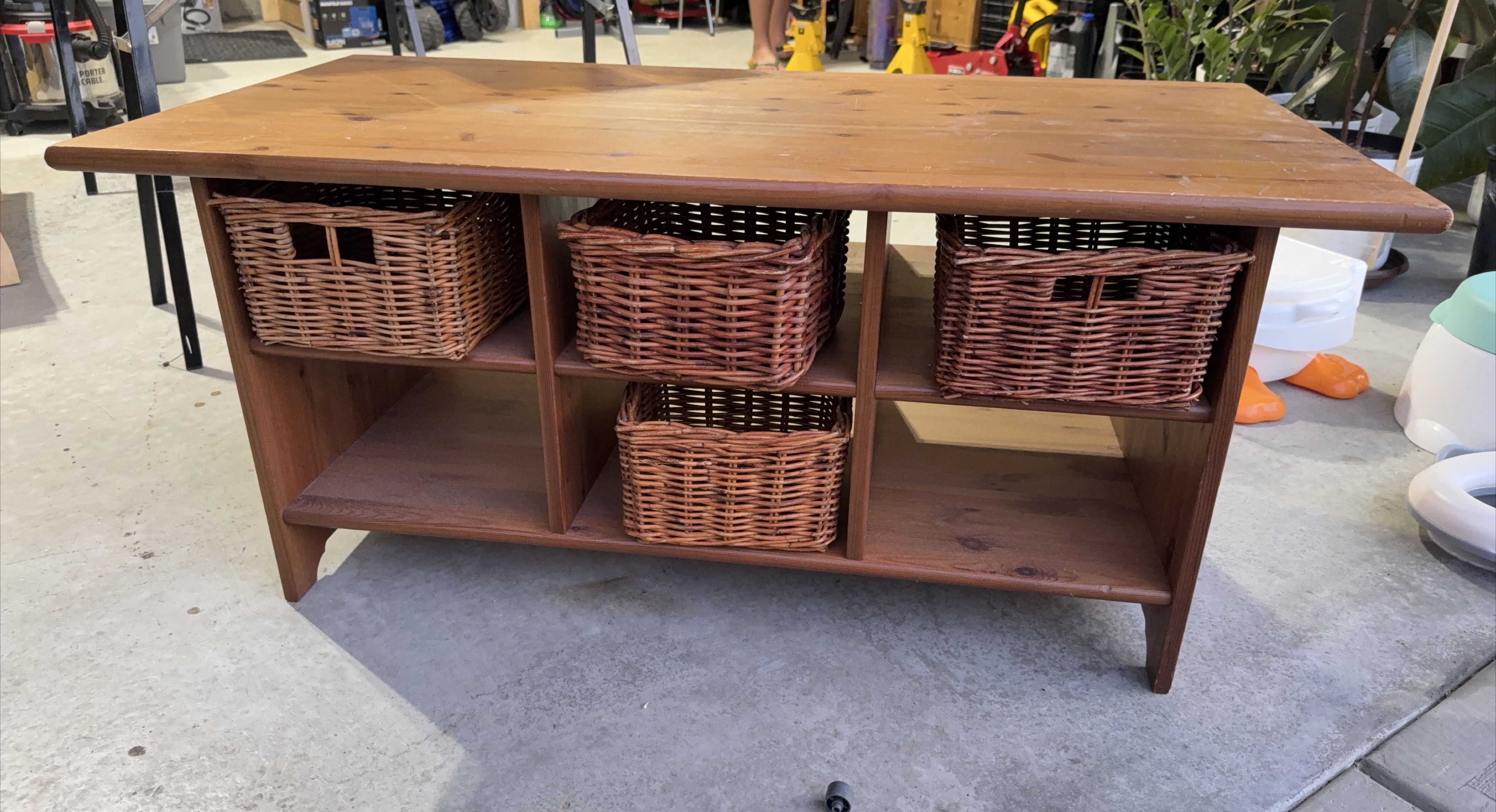 Wooden Table with Wicker Baskets