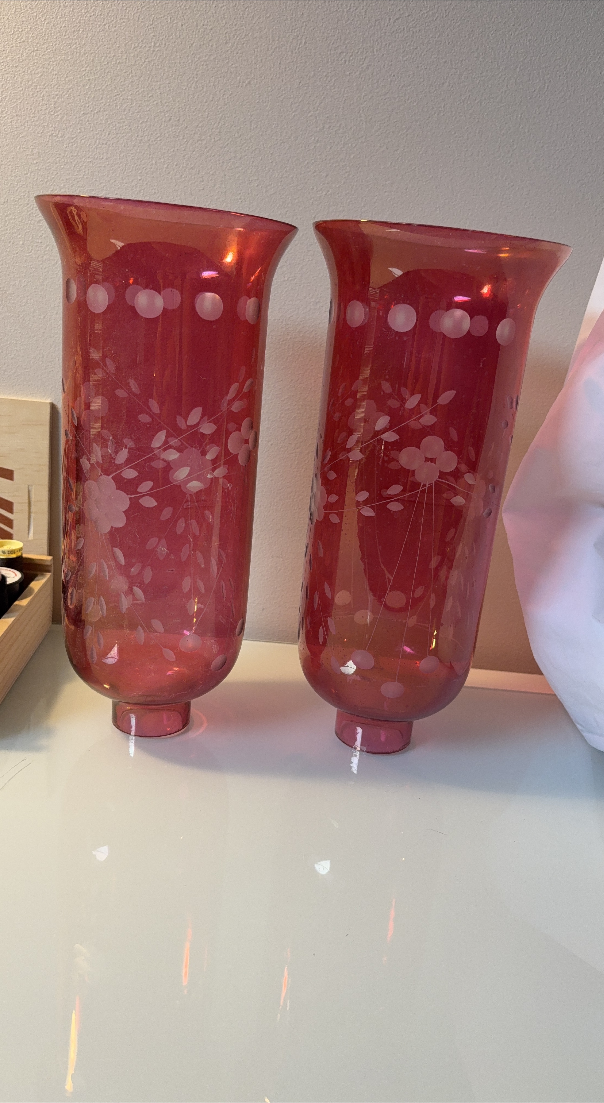 Pair of Red Glass Hurricane Lamp Shades