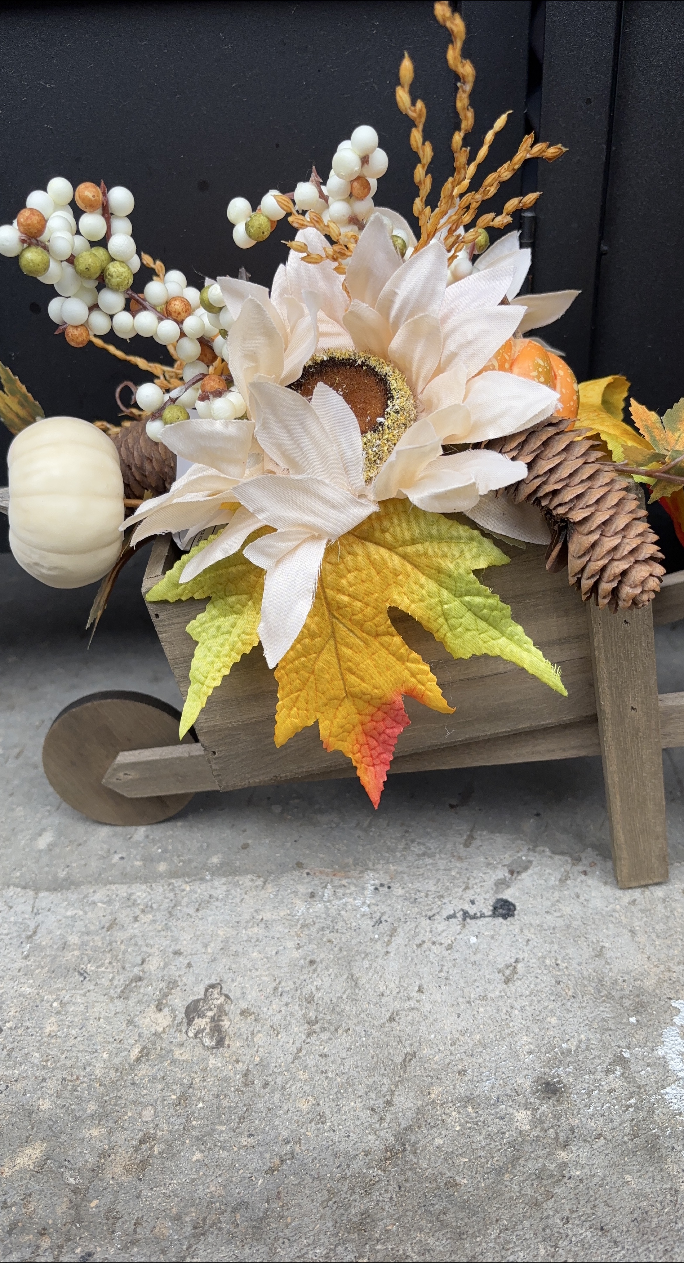 Fall Floral Arrangement in Wooden Cart thumbnail