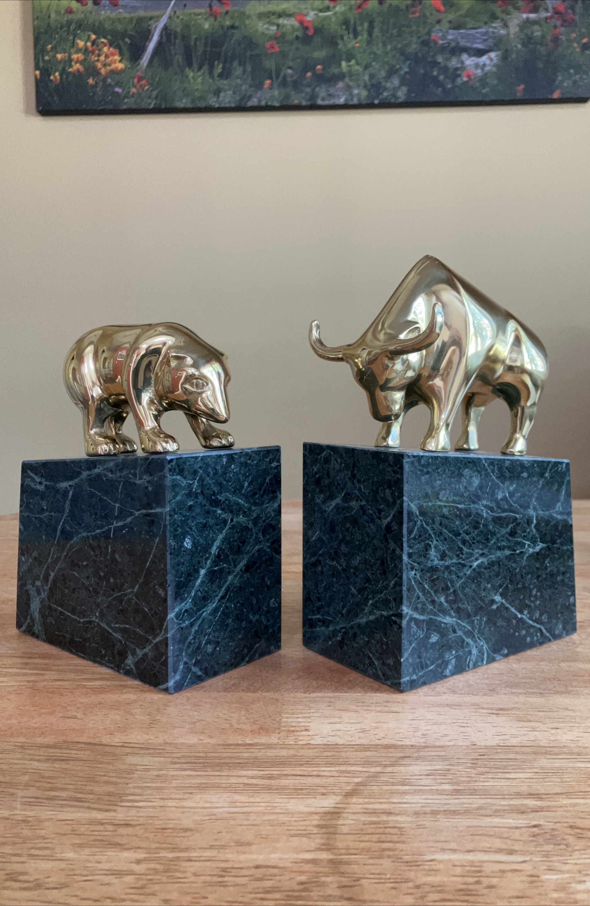 Brass Bull and Bear Statues on Marble Base thumbnail