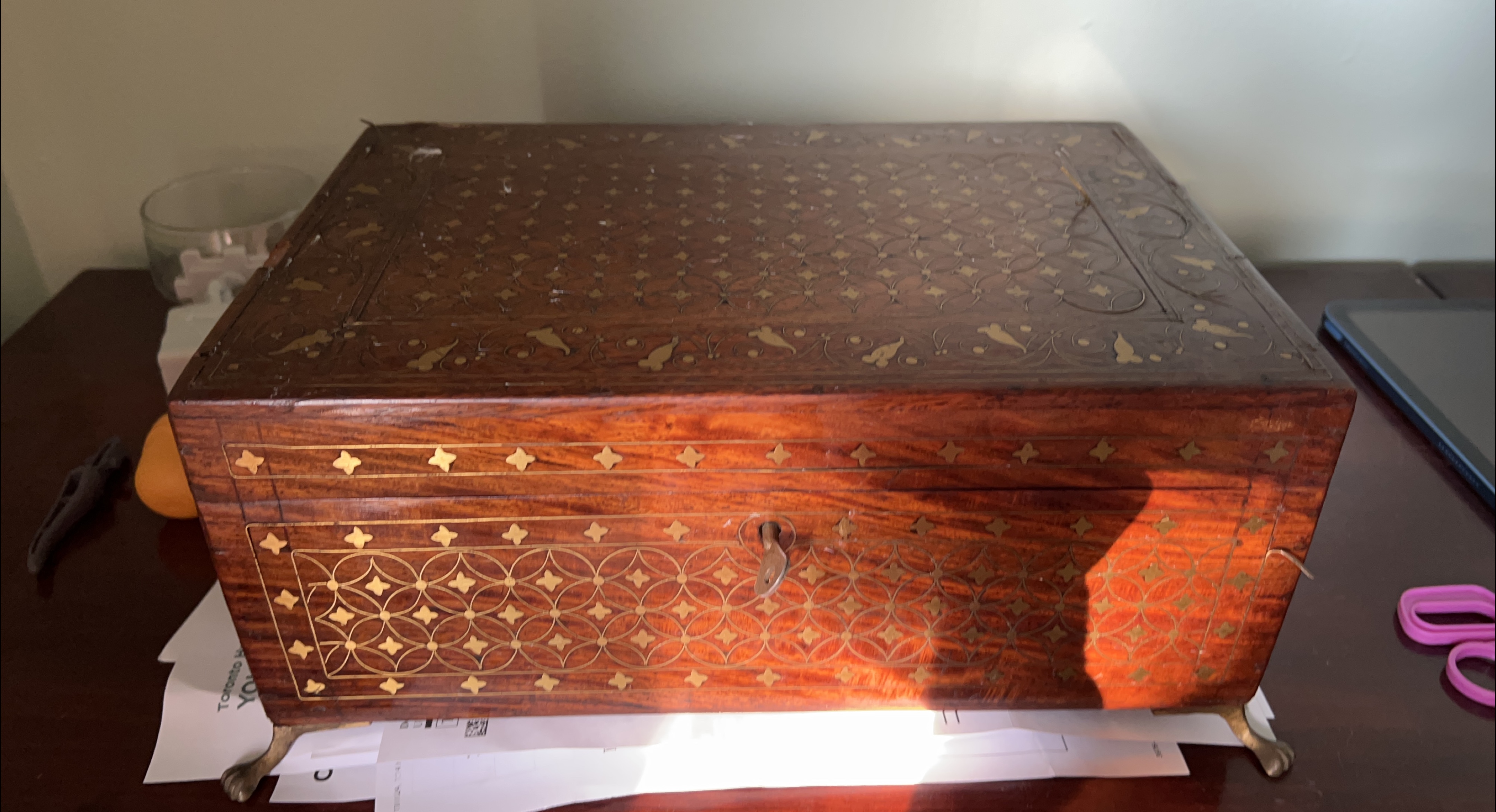 Vintage Wood Box with Brass Inlay thumbnail