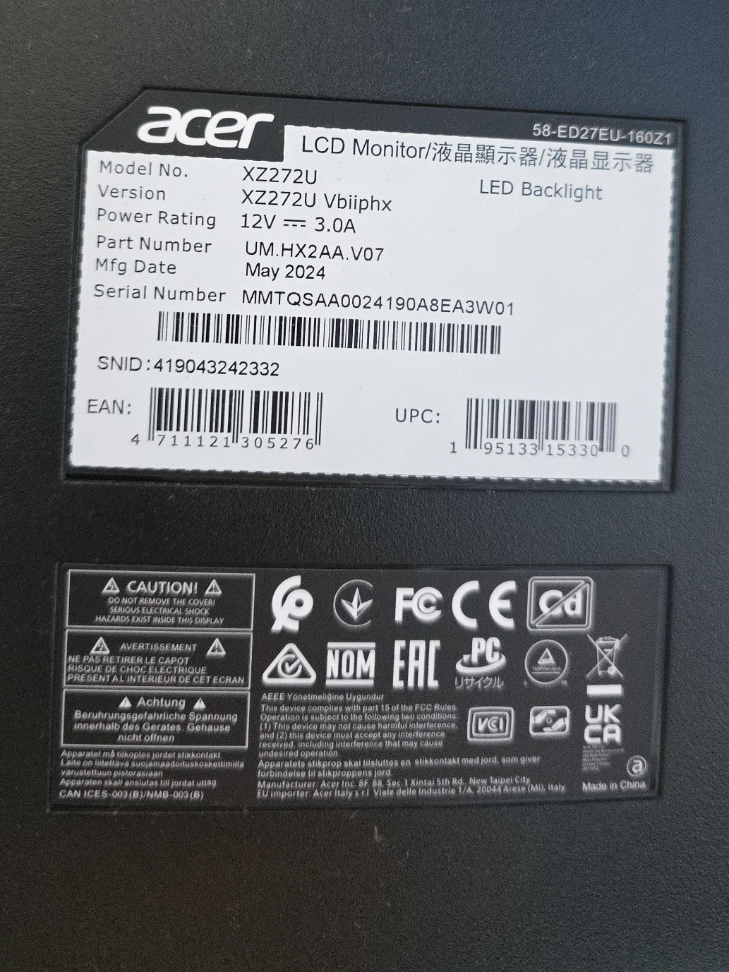 Acer XZ272U 27" Curved LED Backlit Monitor thumbnail