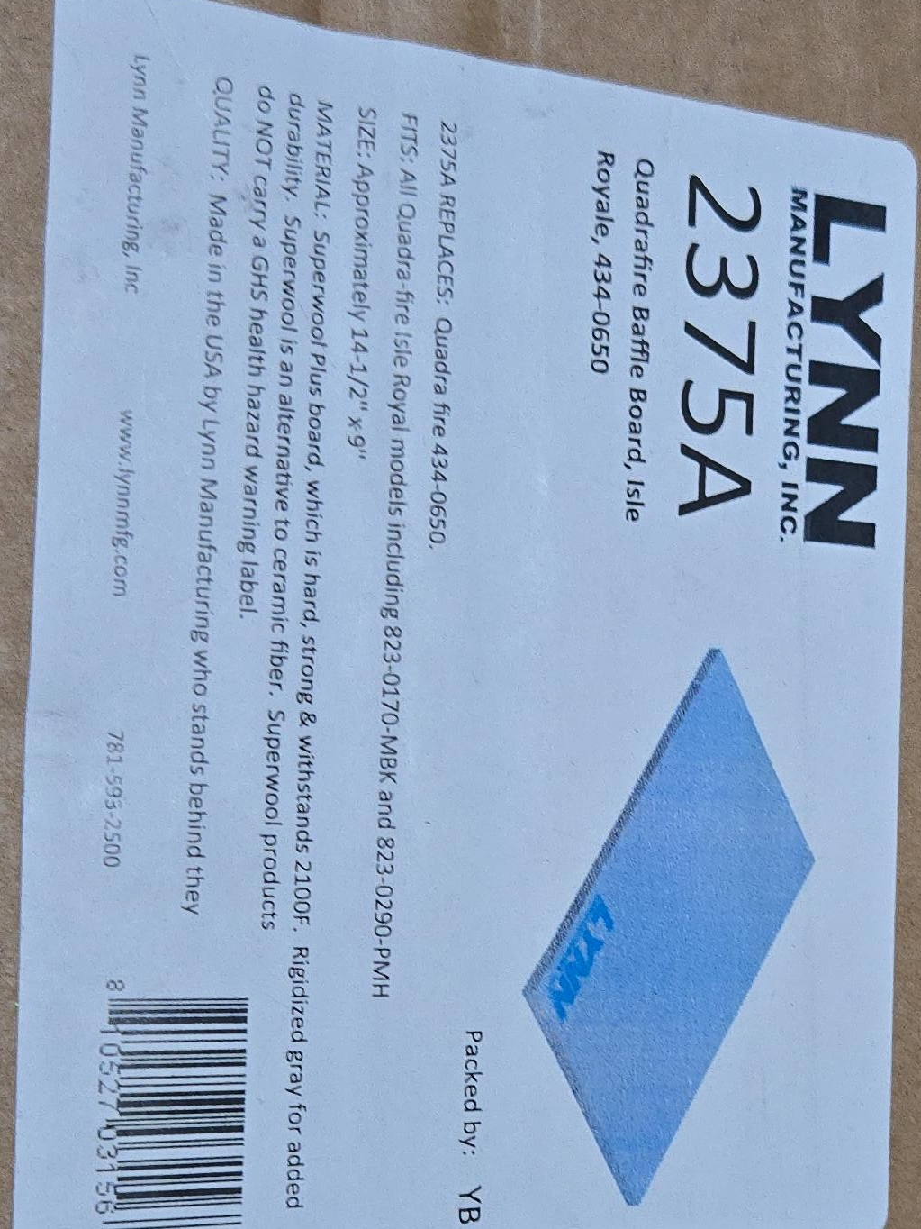 Lynn Manufacturing 2375A Quadrafire Baffle Board thumbnail
