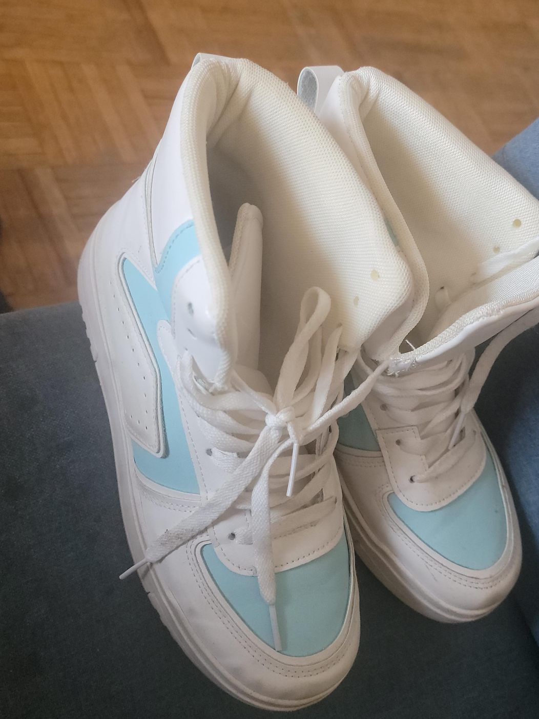 White & Blue High-Top Sneakers